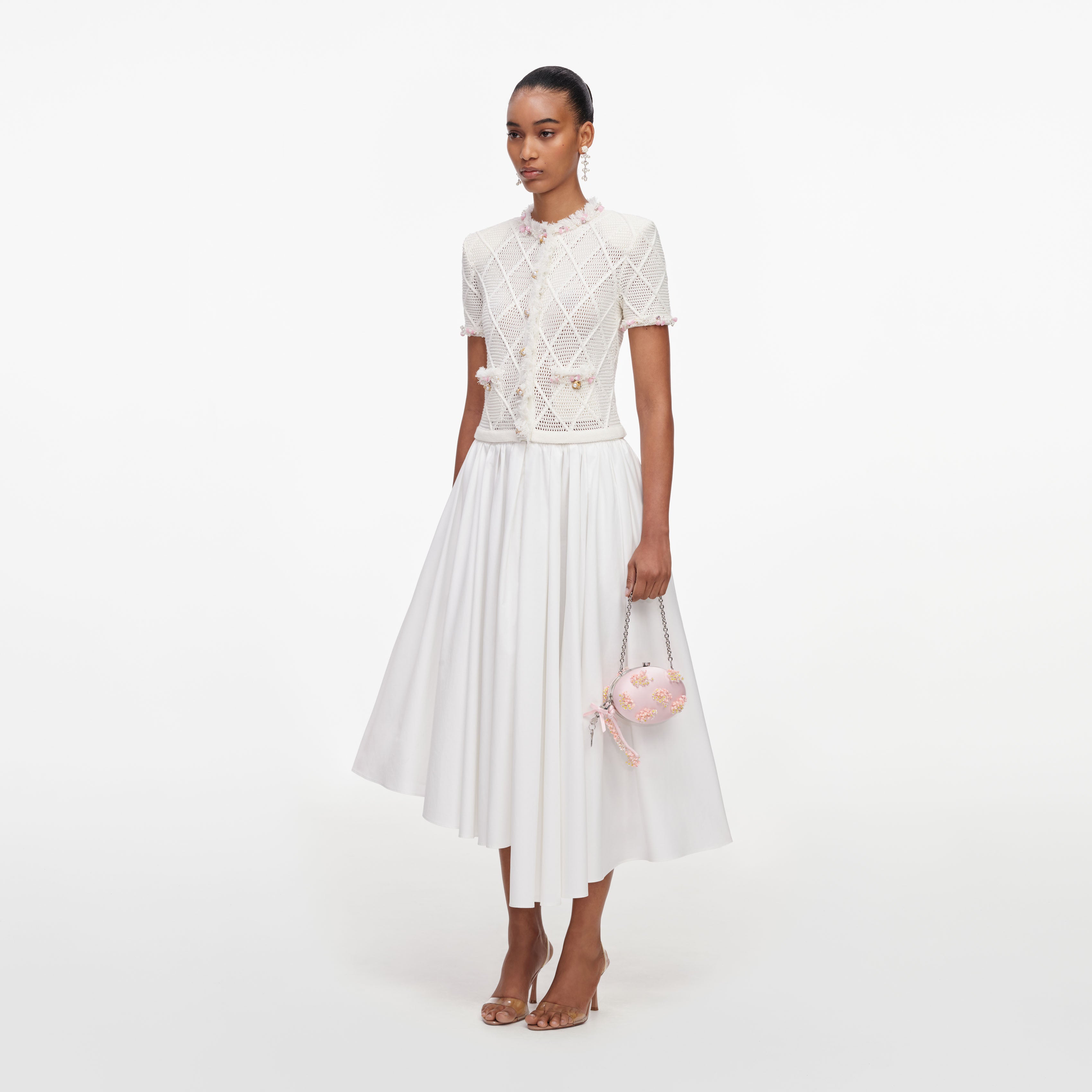 Self Portrait Fringe Knit Midikleid creme Baumwolle