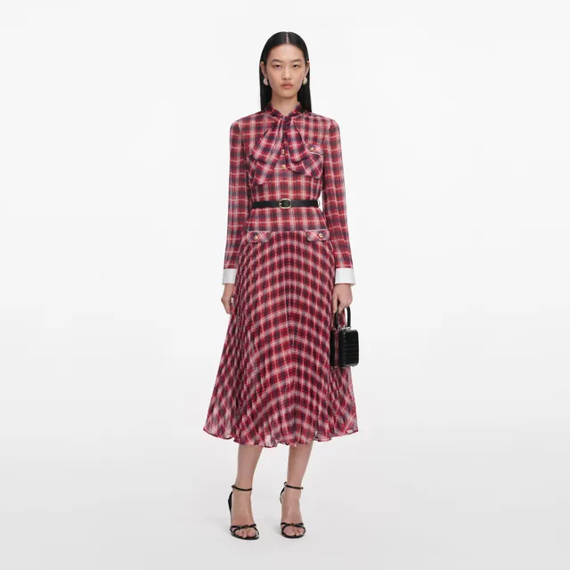Self Portrait Burgundy Check Chiffon Midi Kleid Karo