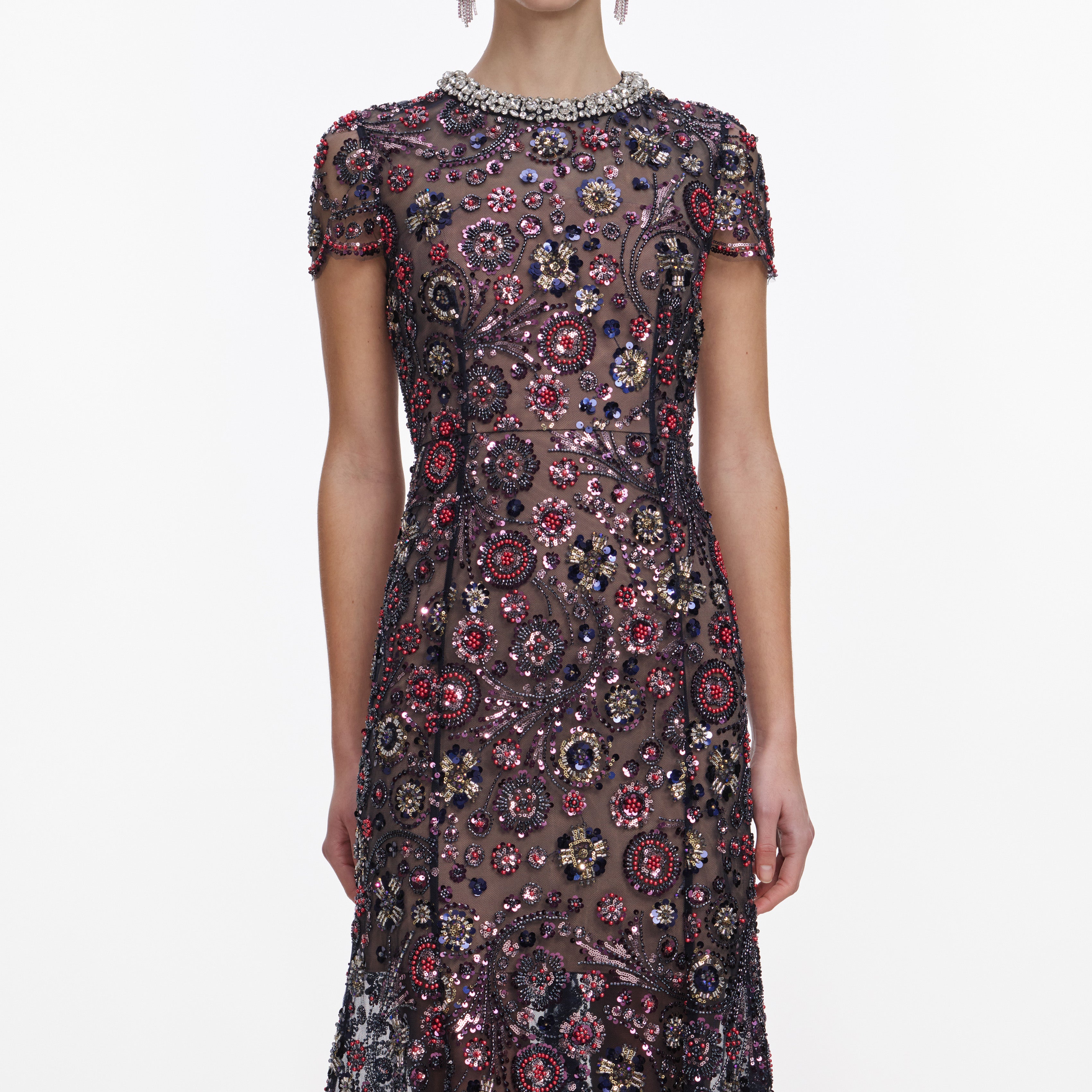 Self Portrait Kleid Marine Floral Midi Pailletten