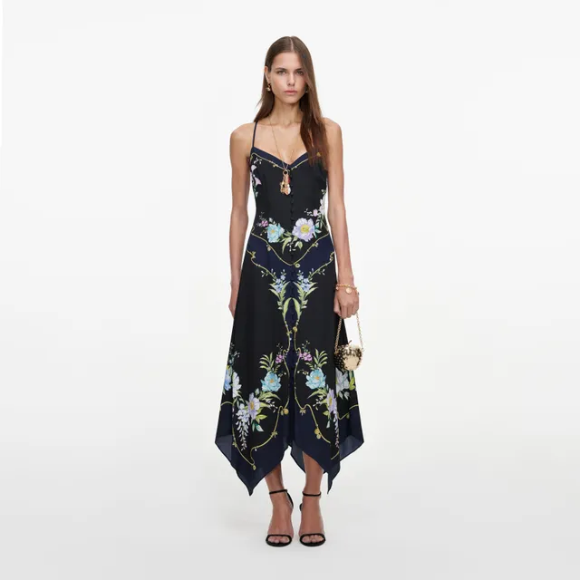 Self Portrait Navy Floral Midikleid Navy Leinen Baumwolle