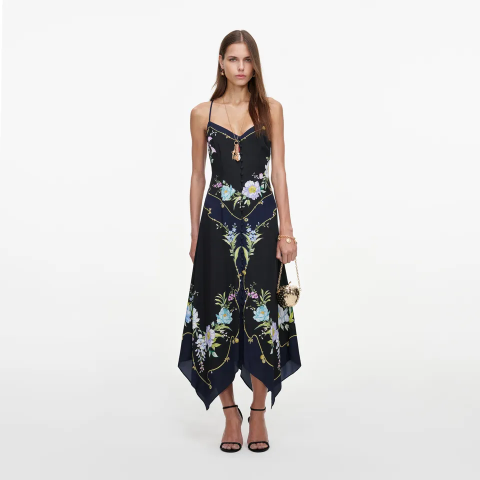 Self Portrait Navy Floral Midikleid Navy Leinen Baumwolle