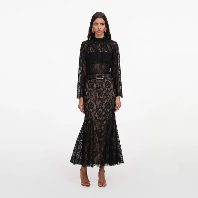 Self Portrait Black Lace Midi Rock Schwarz Spitze UK 6