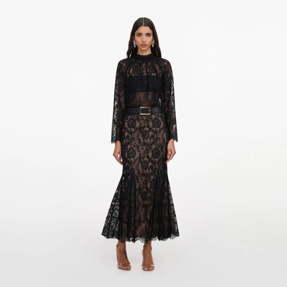 Self Portrait Black Lace Midi Rock Schwarz Spitze UK 6