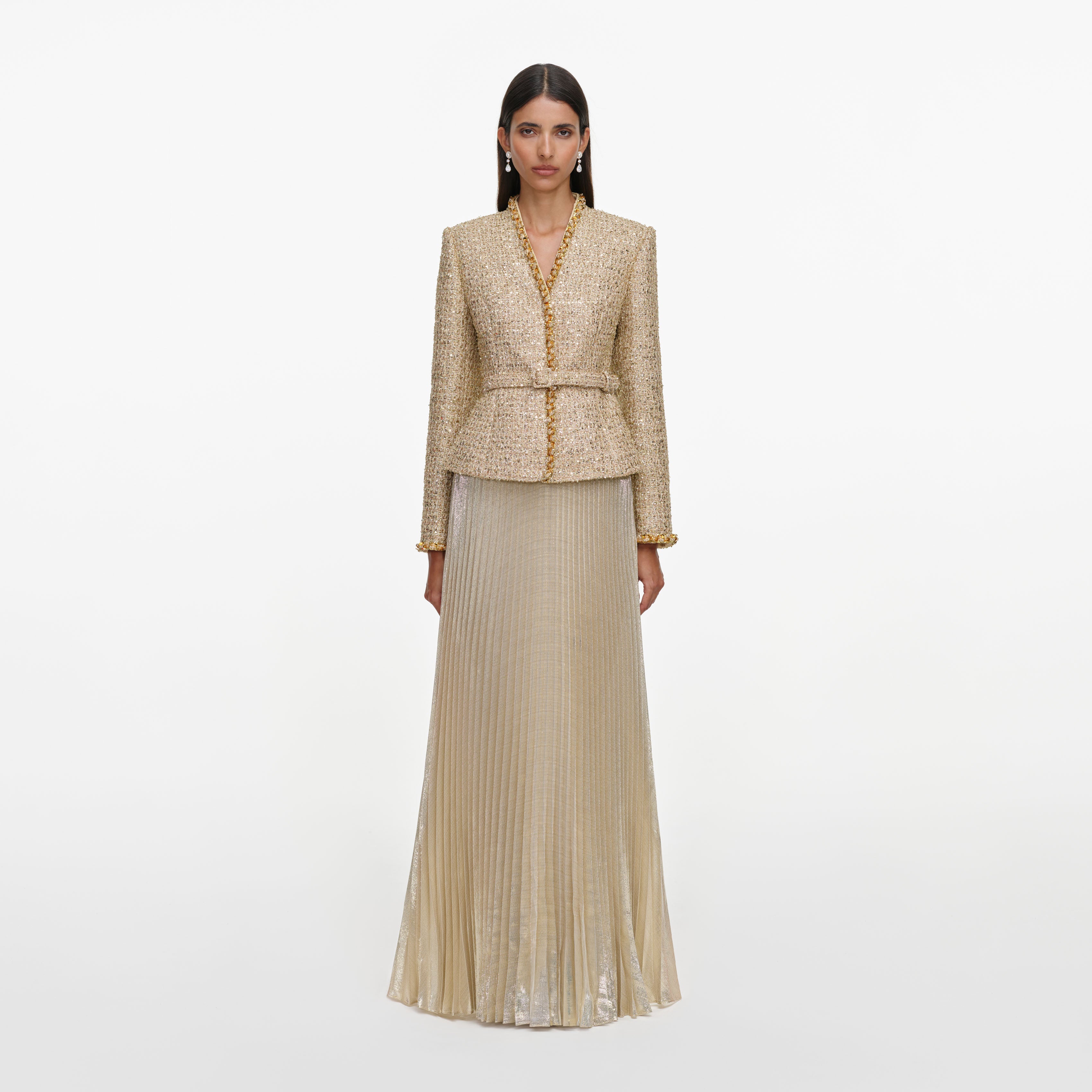 Self Portrait Boucle Maxikleid Gold Plissiert 2-in-1