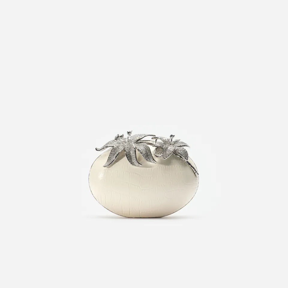 Self Portrait Cream Leather Crystal Flower Oval Clutch Creme One Size