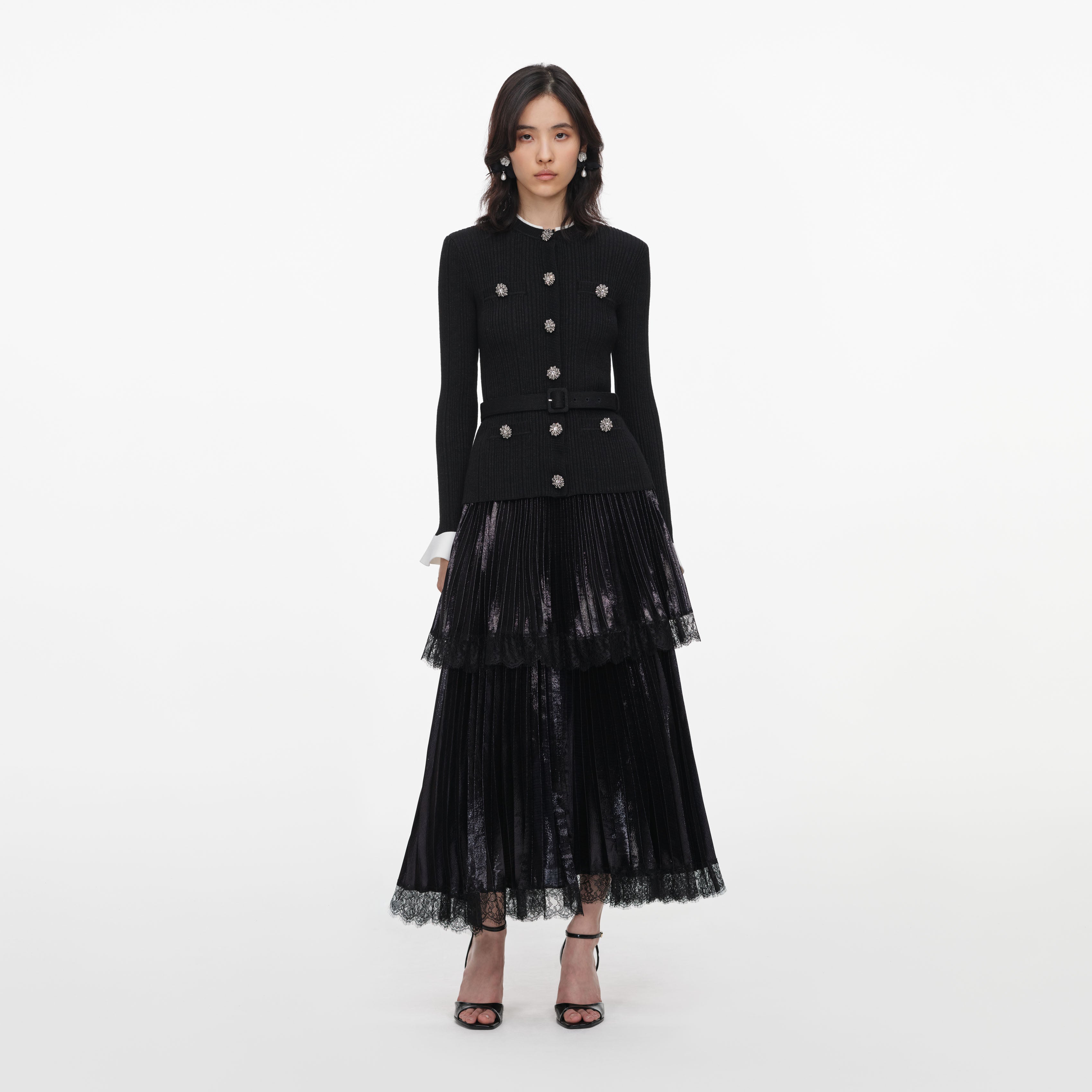 Self Portrait Black Knit Chiffon Midi Dress Schwarz
