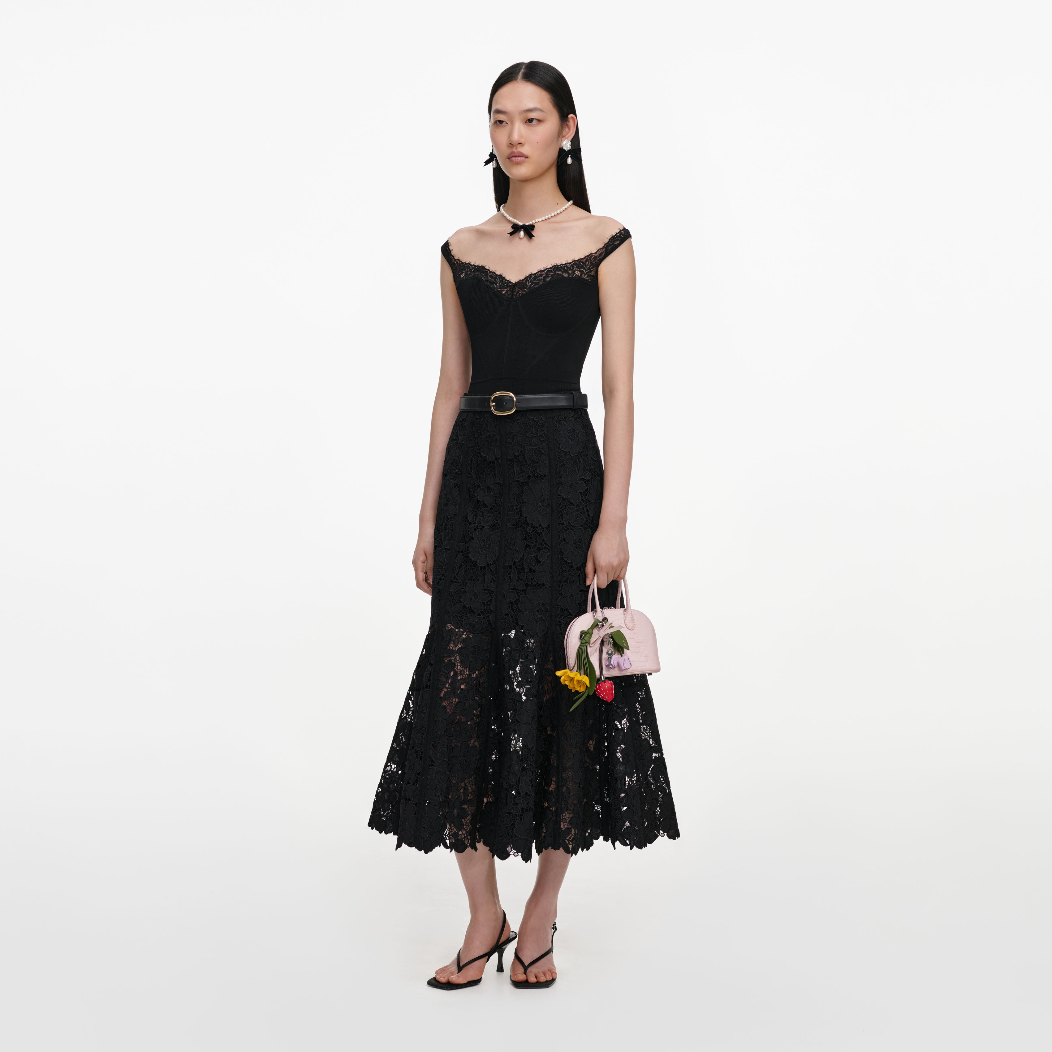 Self Portrait Black Lace Midirock Schwarz Spitze A-Linie
