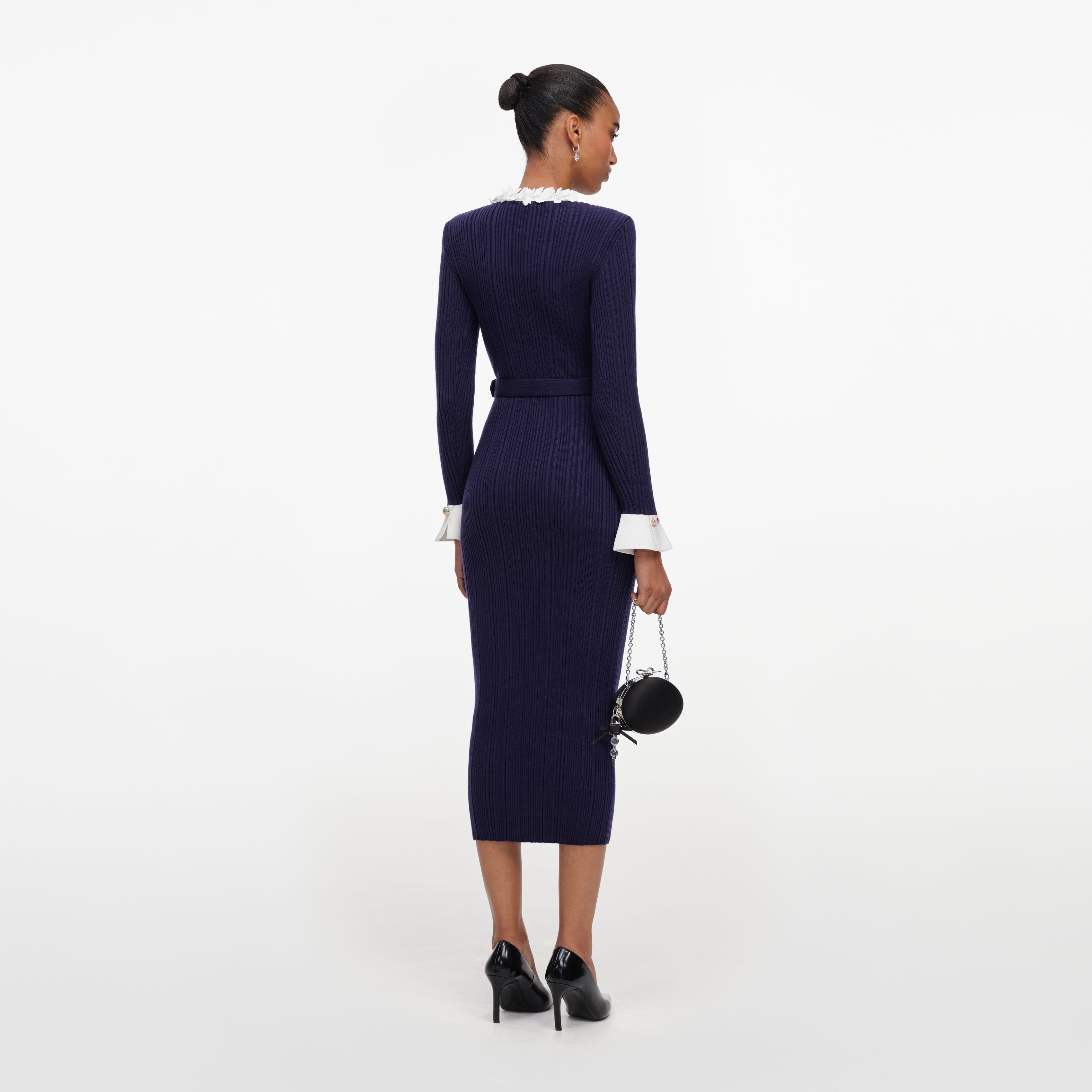 Self Portrait Navy Flower Rib Knit Midi Kleid Navy