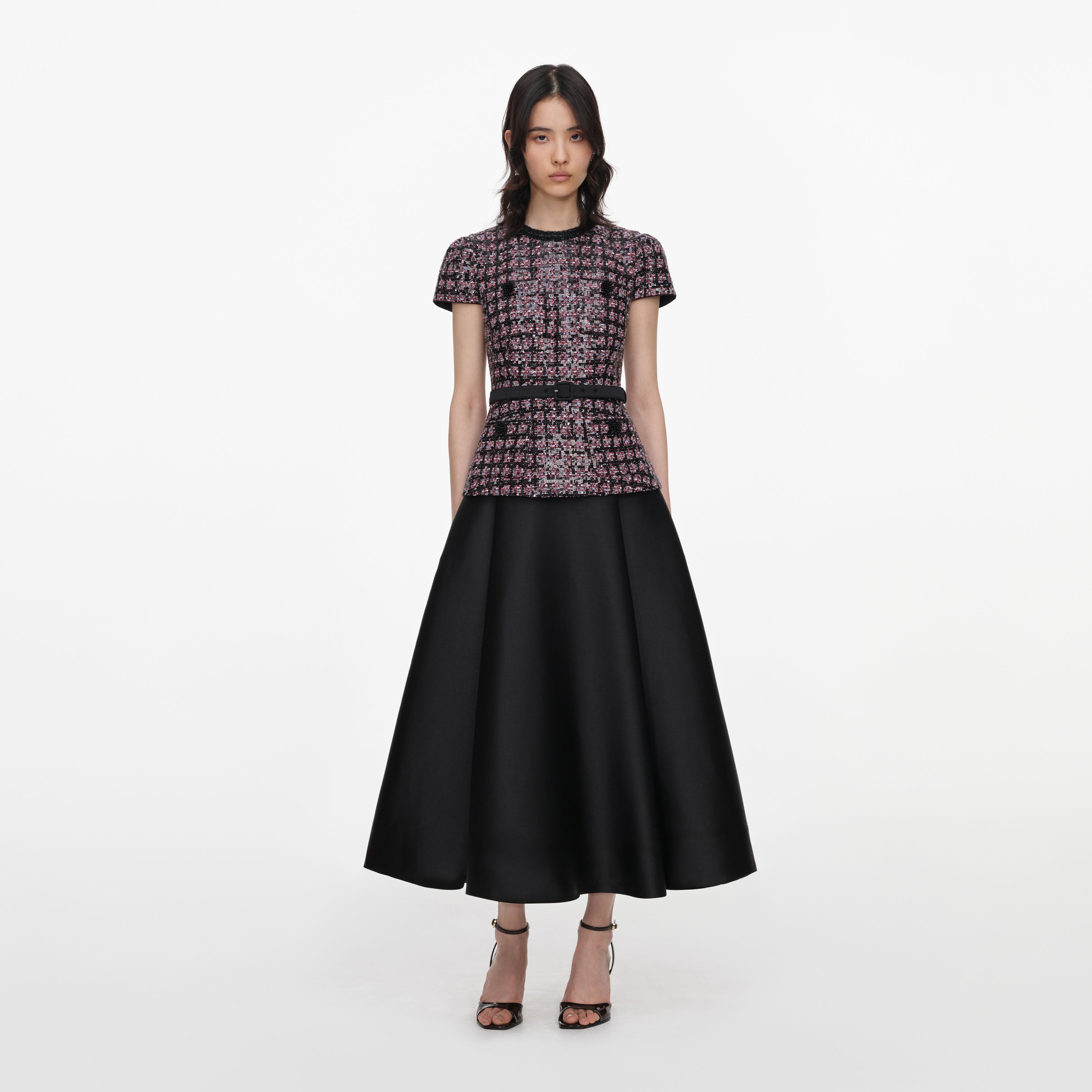 Self Portrait Pink Black Sequin Boucle Midi Dress Paillettenkleid