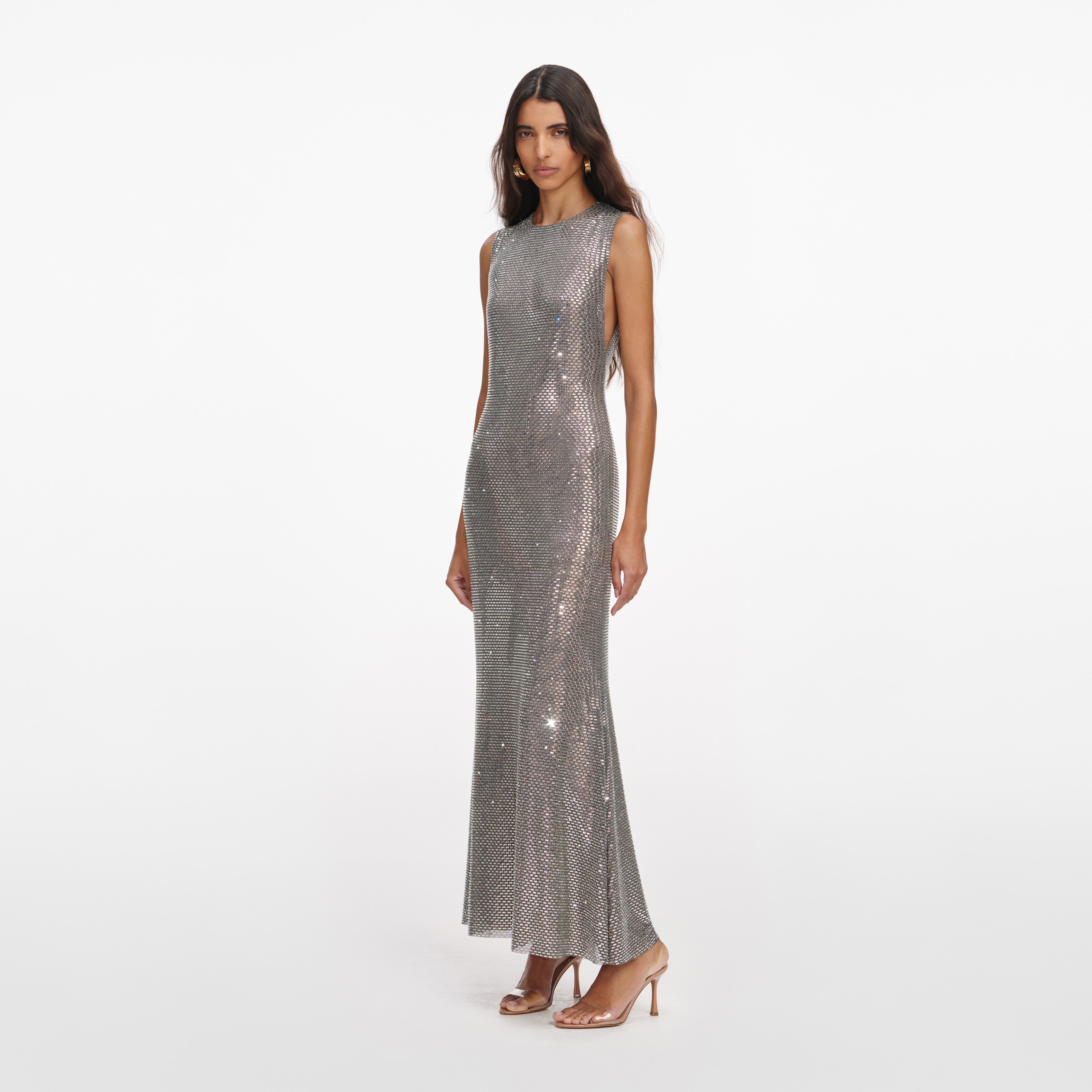 Self Portrait Grey Rhinestone Mesh Midi Kleid Grau Strass