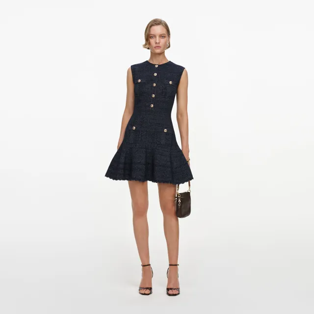 Self Portrait Navy Textured Strickkleid Mini