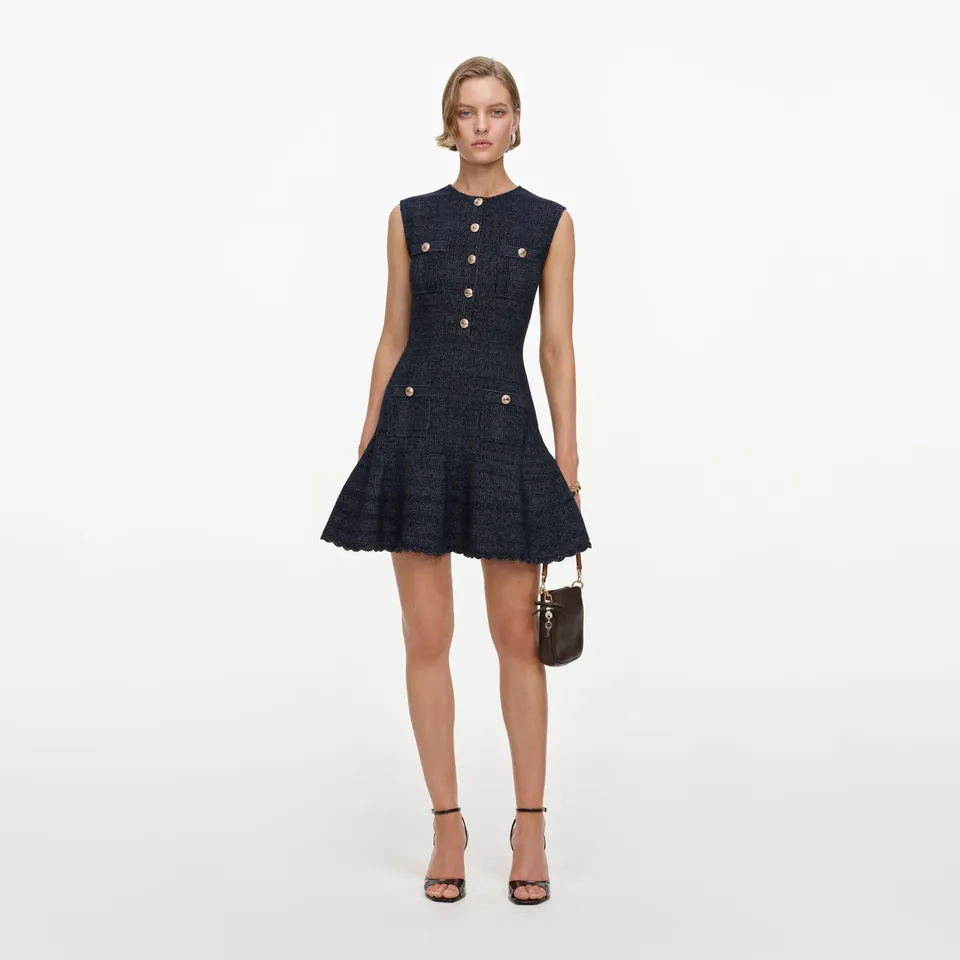Self Portrait Navy Textured Strickkleid Mini