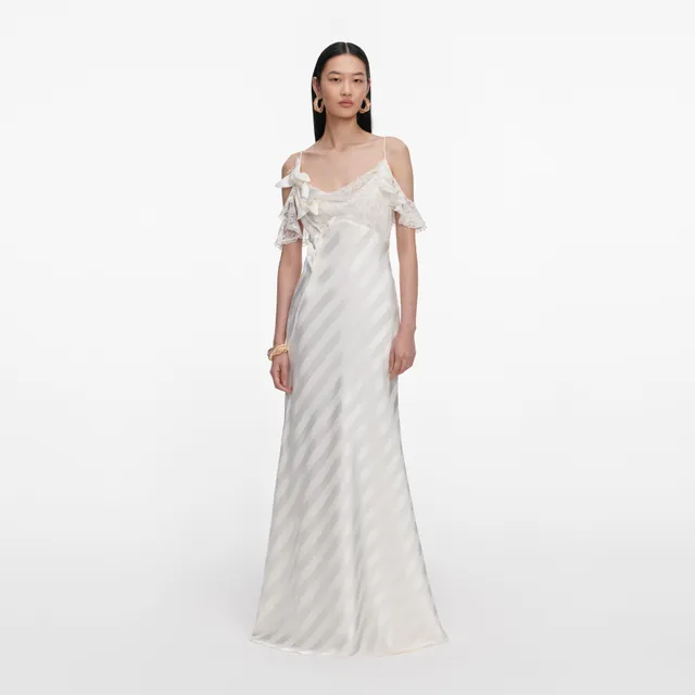 Self Portrait Cream Satin Striped Maxi Kleid Creme Satin