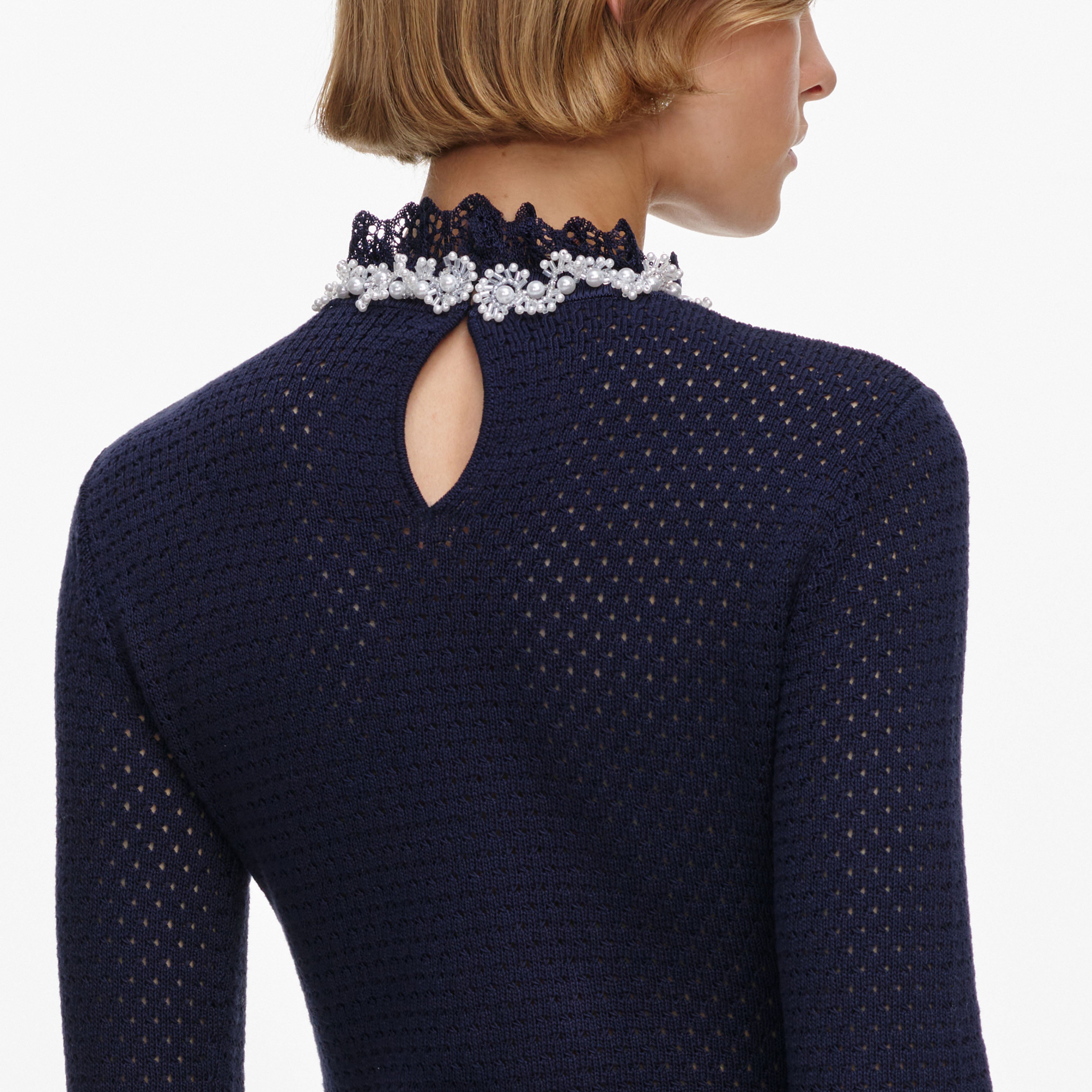 Self Portrait Dresses Navy Pearl Trim Knit Mini Kleid Navy mit Perlen