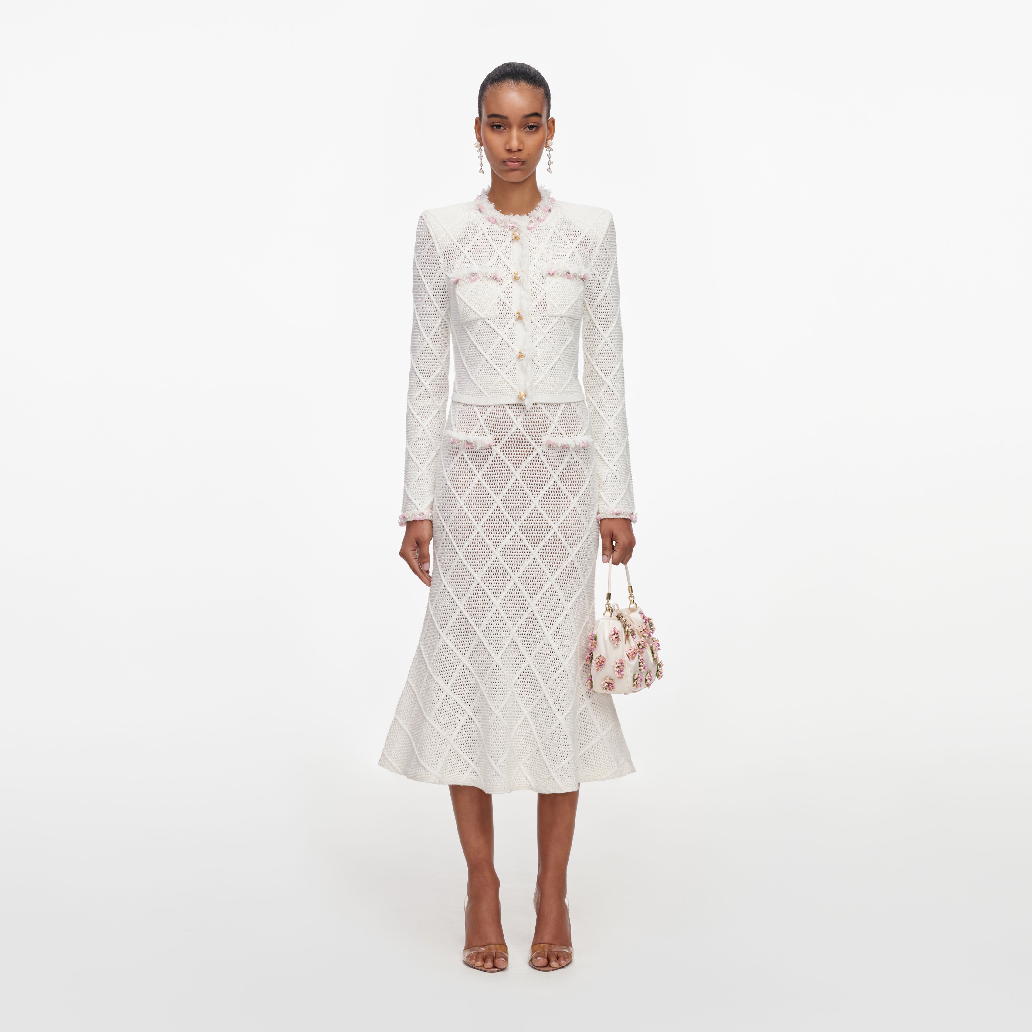 Self Portrait Fringe Knit Midi-Rock Creme Strick