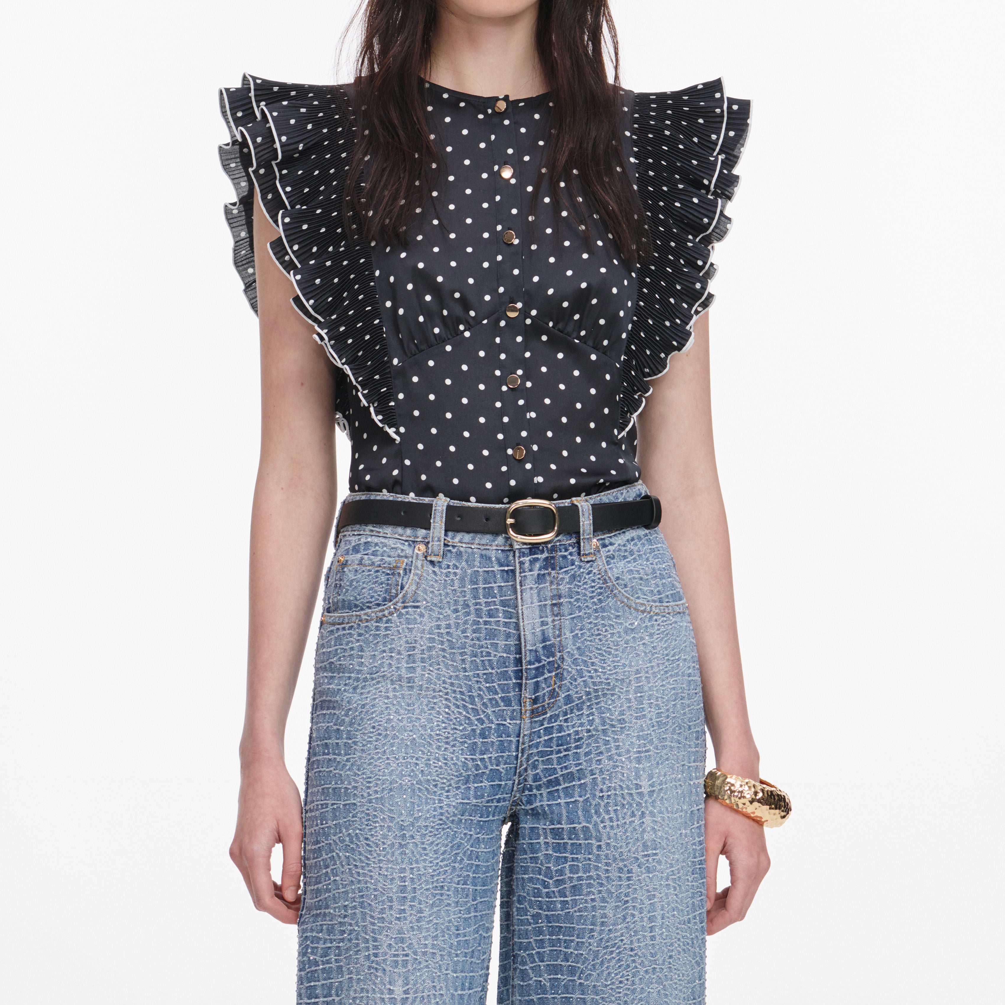 Self Portrait Tops Black Polka Dot Bluse Schwarz Rüschen
