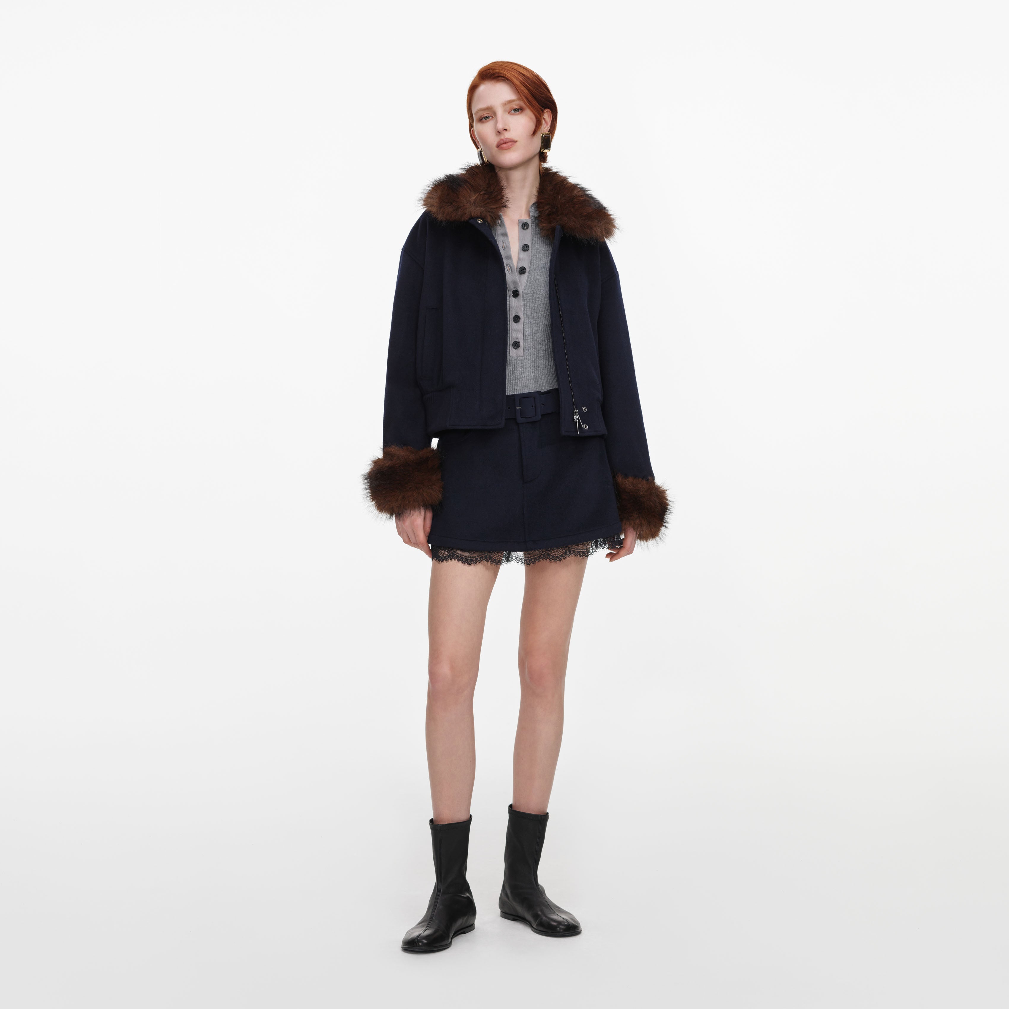 Self Portrait Navy Wool Fur Trim Jacket Jacke Blau Wolle