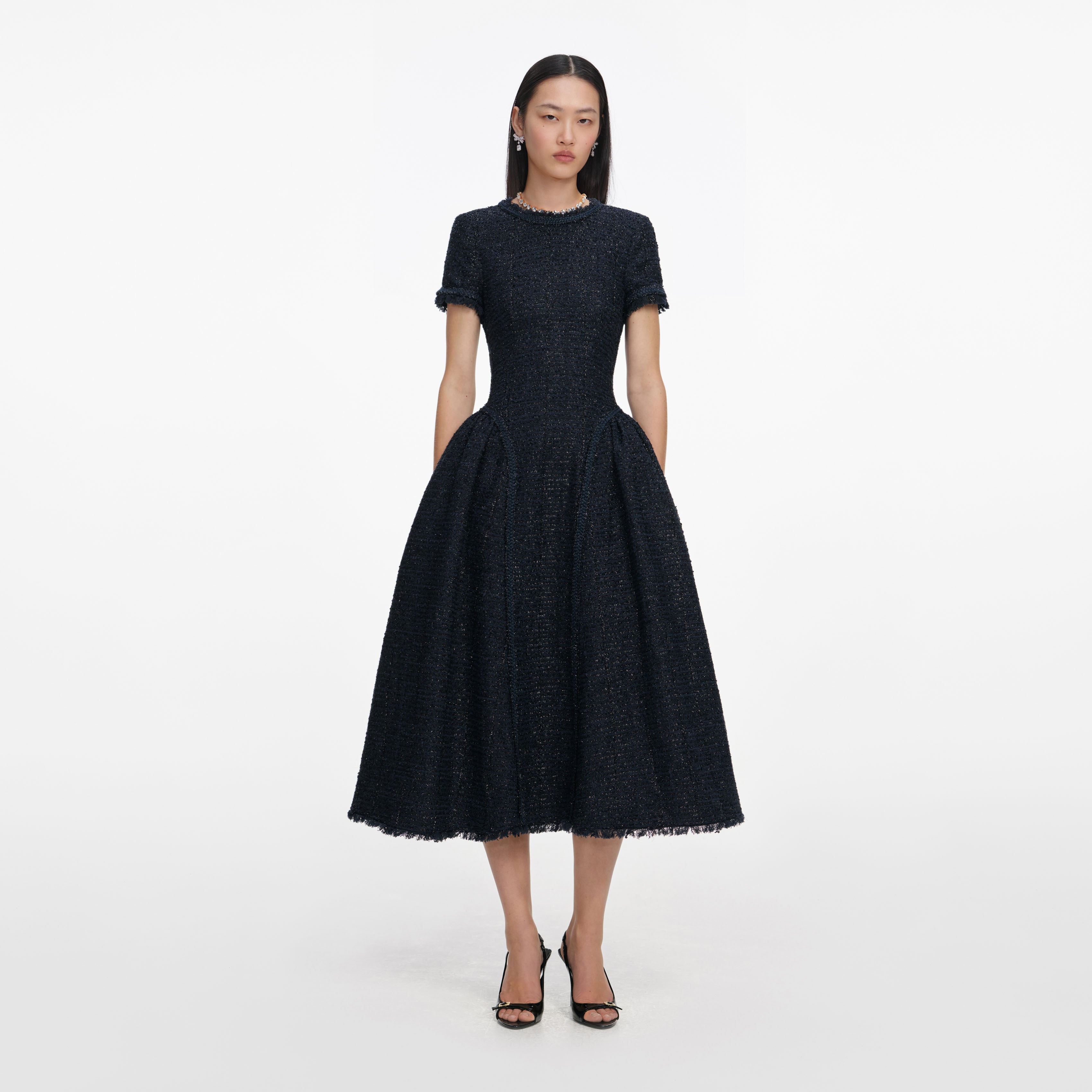 Self Portrait Navy Metallic Boucle Midi Kleid UK 8