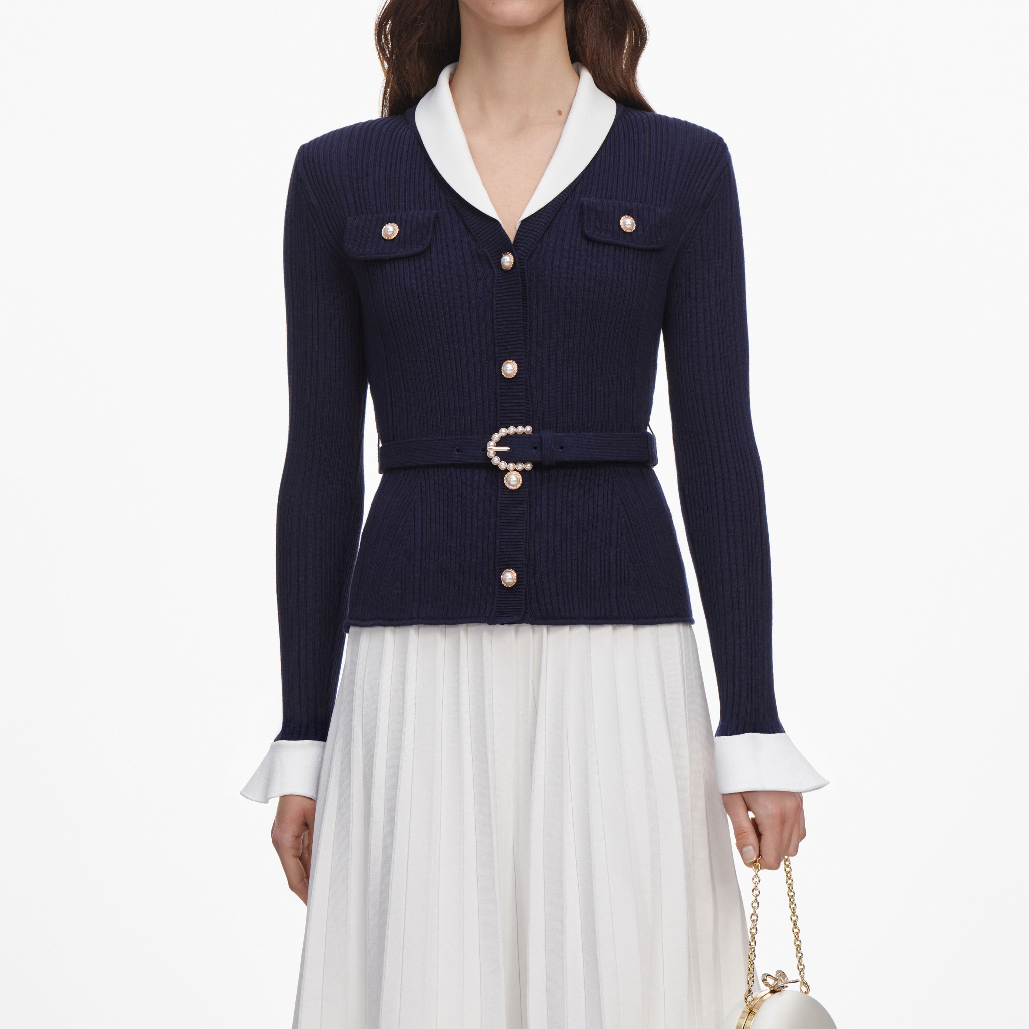 Self Portrait Navy Ribbed Knit Contrast Midikleid navy Strick