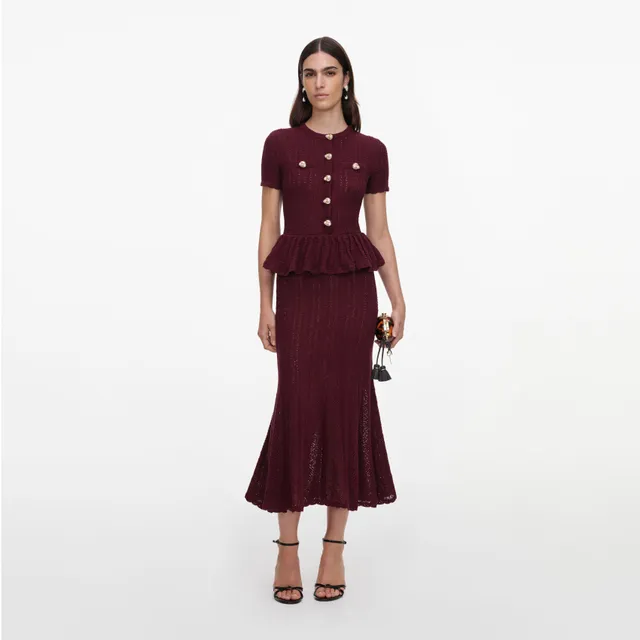 Self Portrait Burgundy Pointelle Midikleid Bordeaux Strick