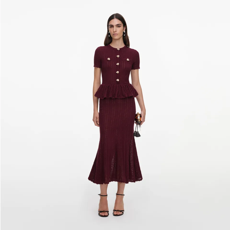 Self Portrait Burgundy Pointelle Midikleid Bordeaux Strick