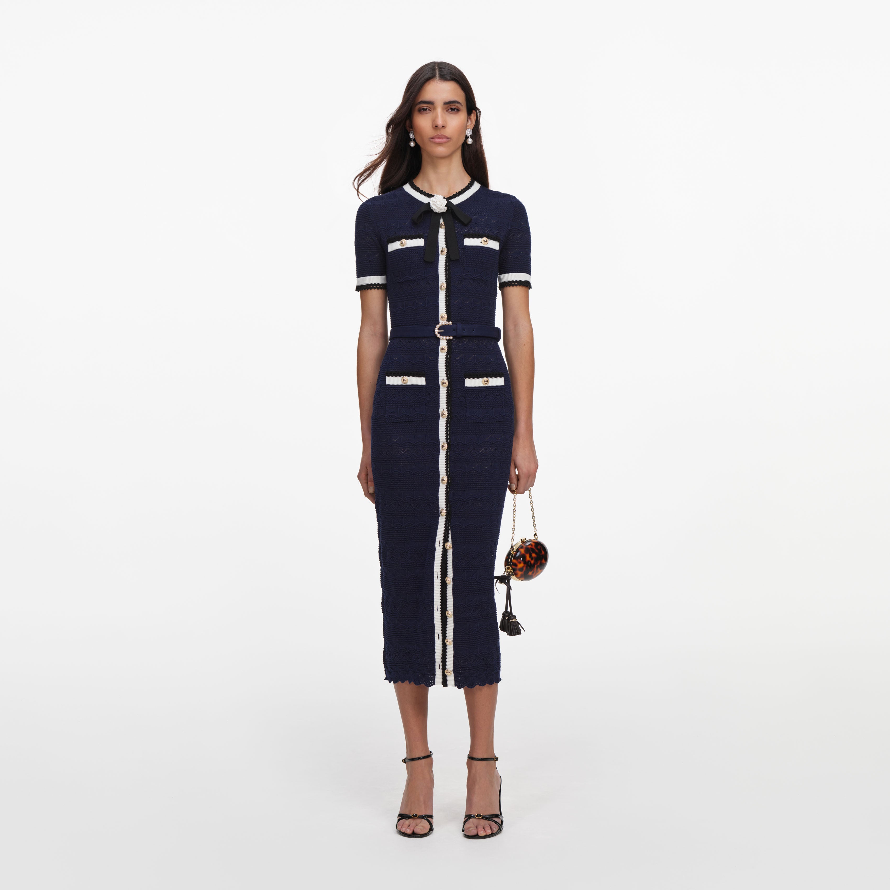 Self Portrait Navy Pointelle Knit Midi Kleid mit Schleife