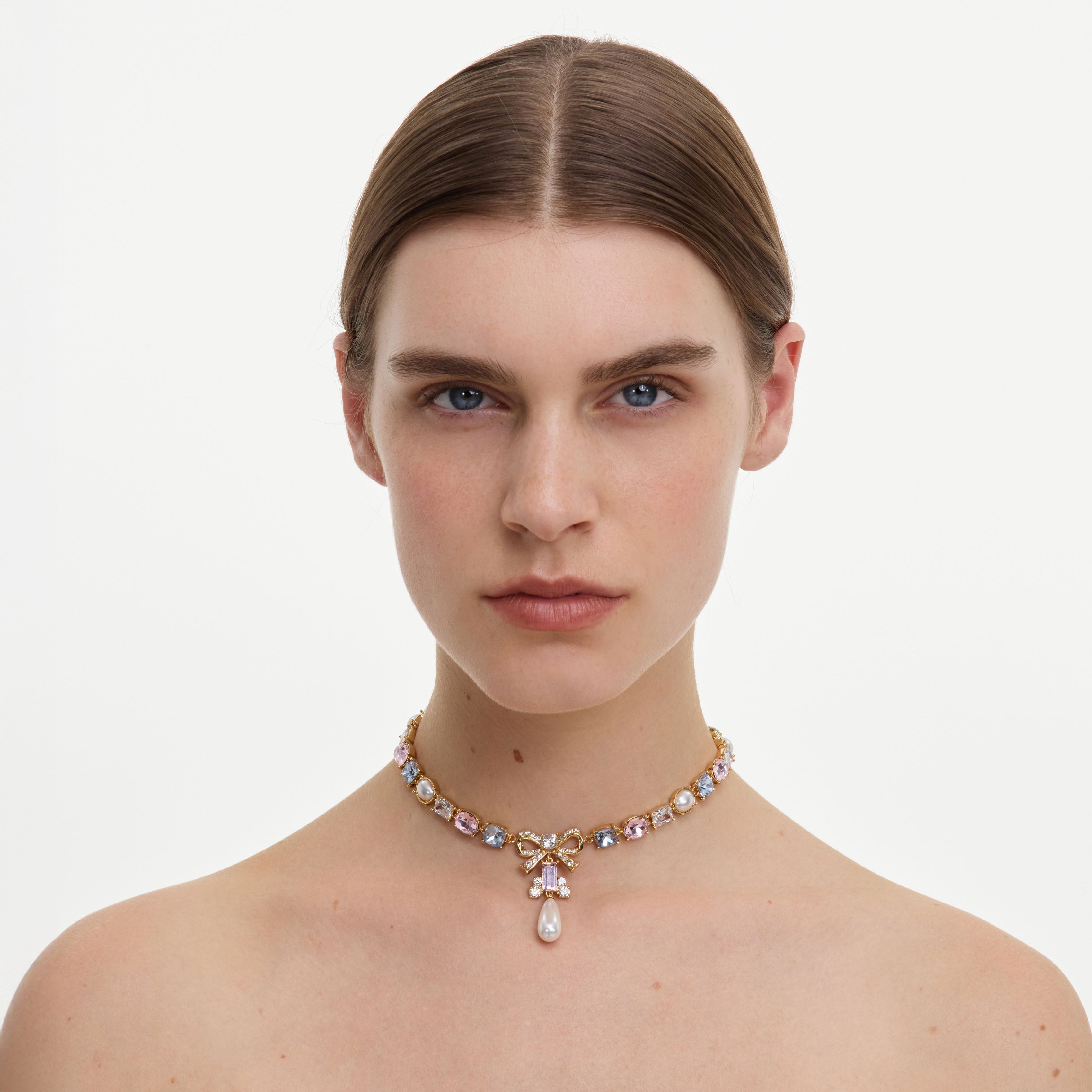 Self Portrait Jewellery Gold Bow Halskette Multi Kristall Perle