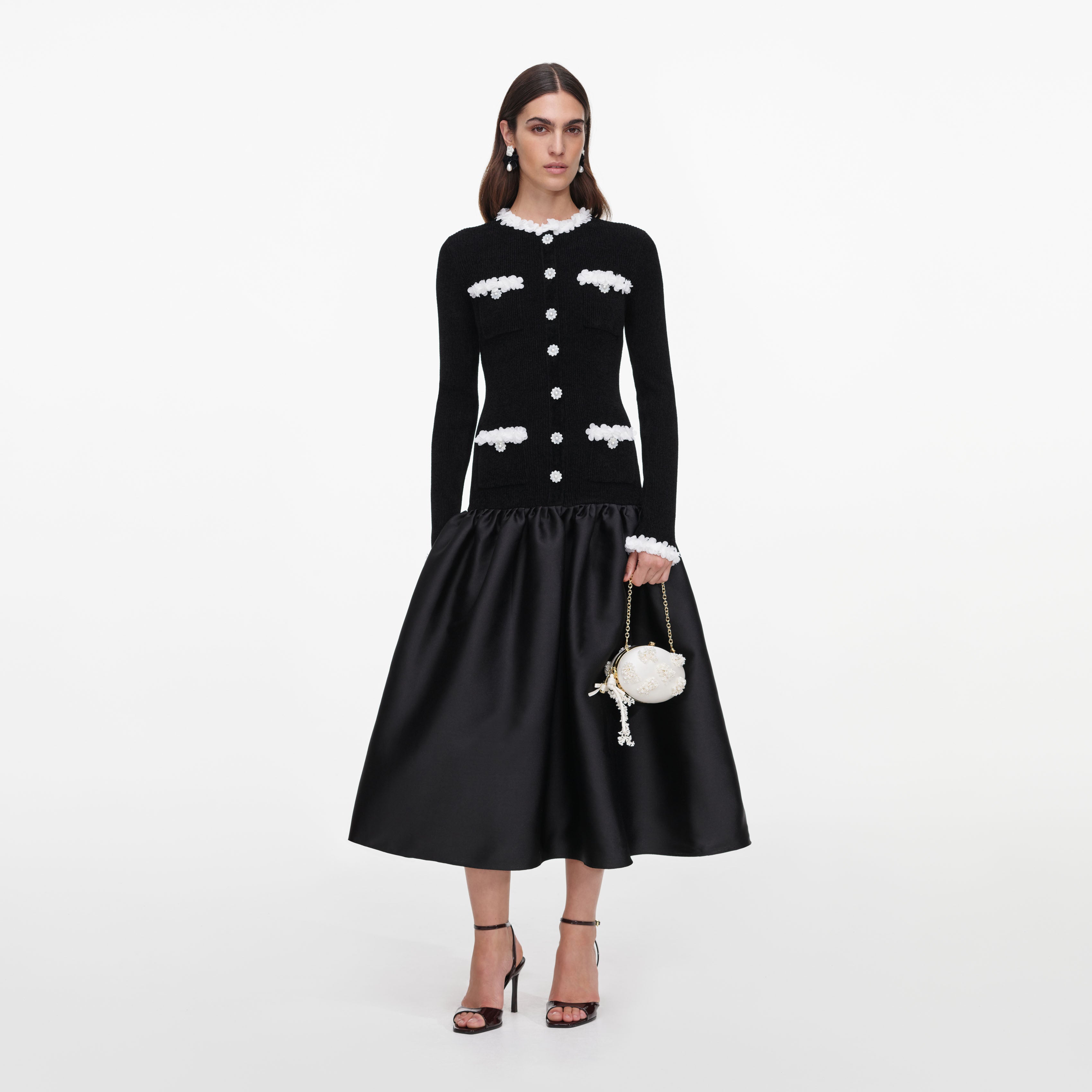 Self Portrait Black Chenille Taffeta Midi Kleid Schwarz