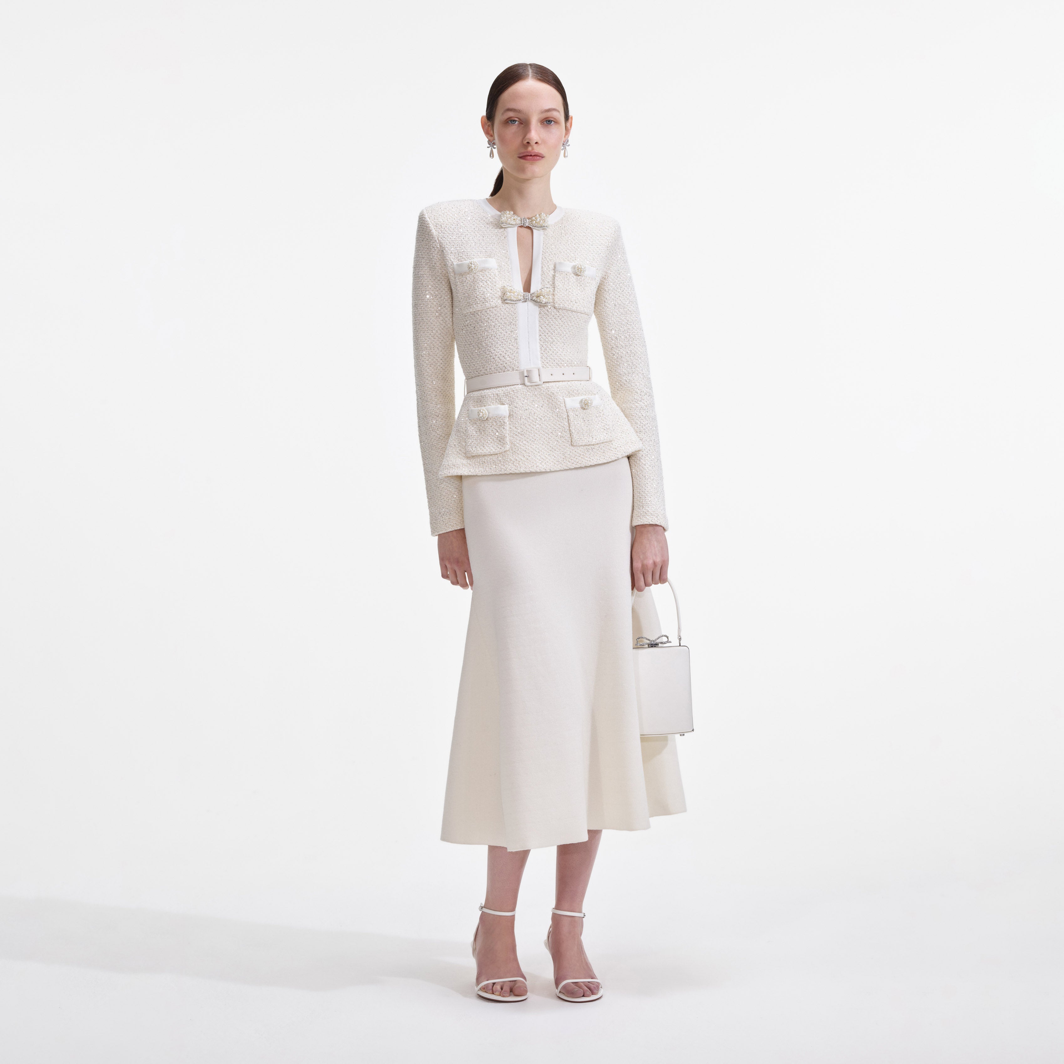 Self Portrait Sequin Midi Kleid Creme Strick Pailletten