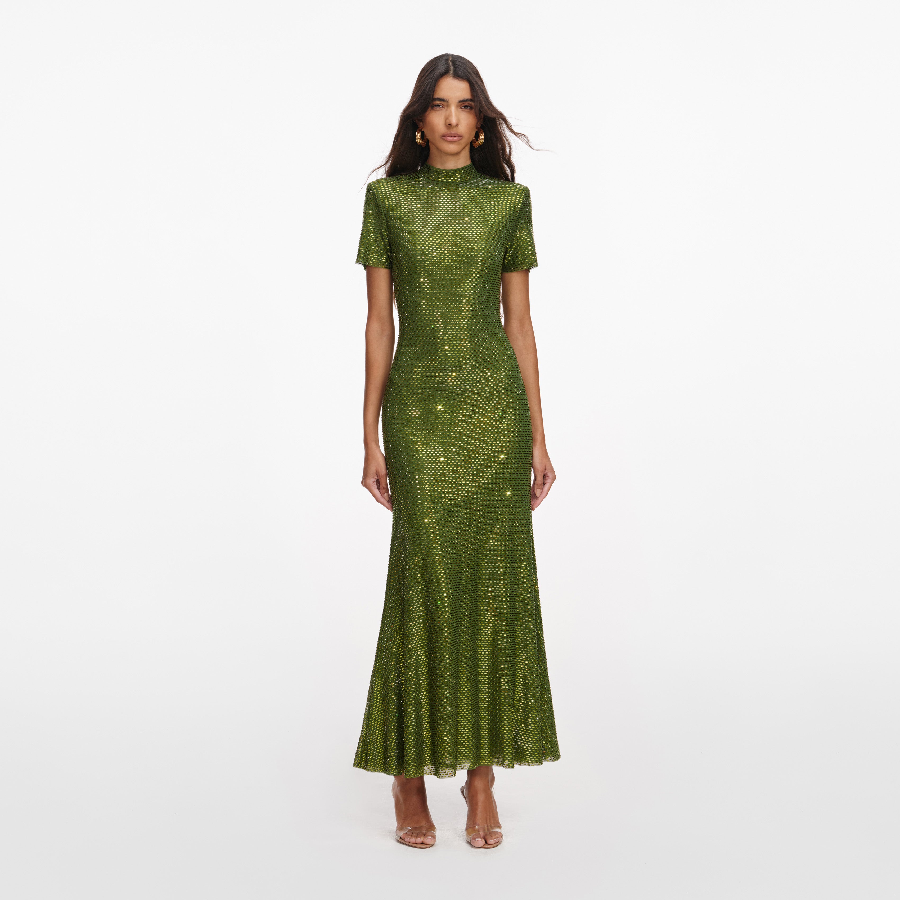 Self Portrait Olive Rhinestone Mesh Midikleid Grün Strass UK 4-16