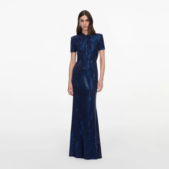 Self Portrait Dresses Navy Rhinestone Mesh Twist Maxikleid Blau
