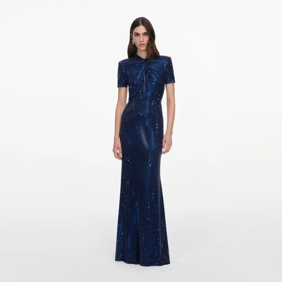 Self Portrait Dresses Navy Rhinestone Mesh Twist Maxikleid Blau