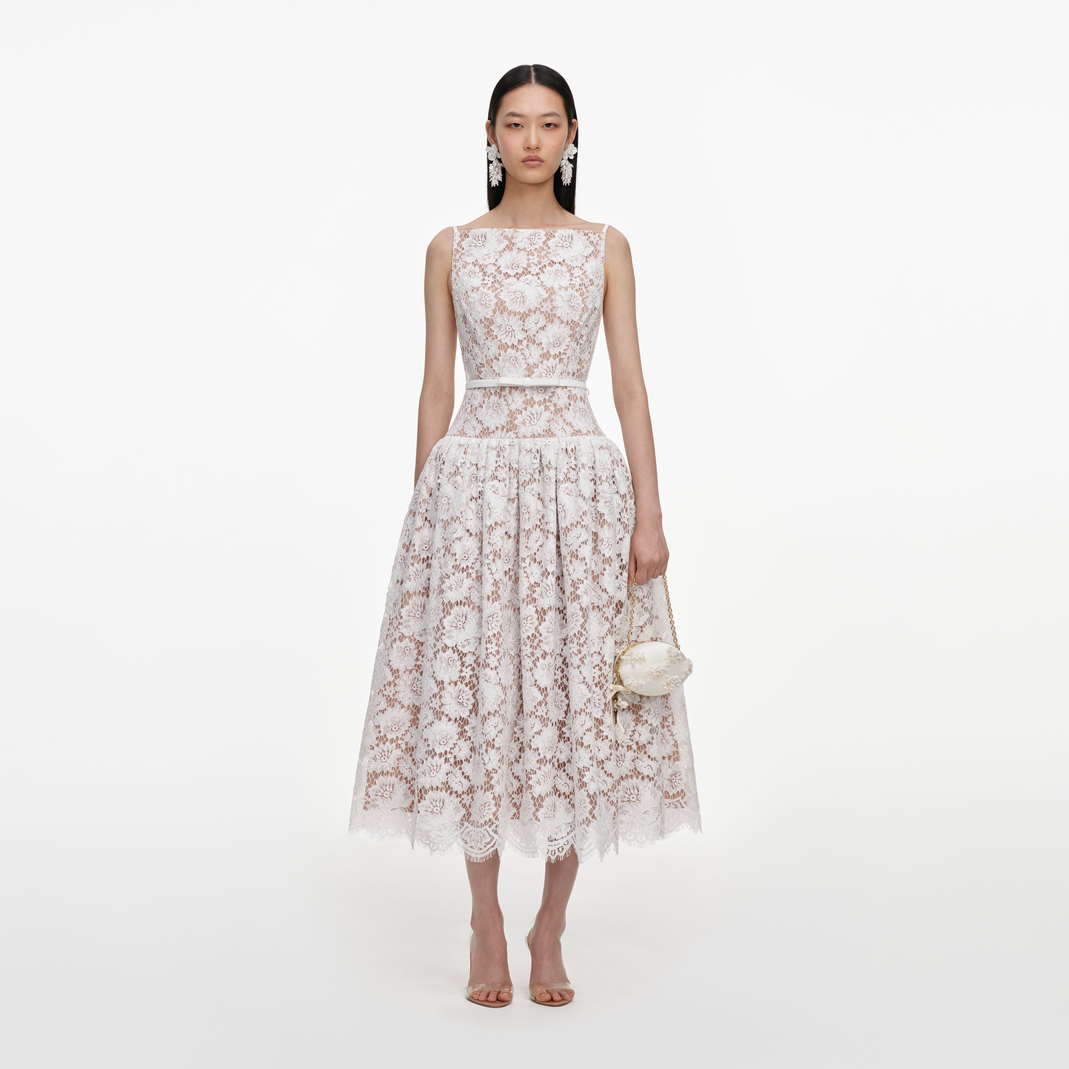 Self Portrait White Lace Flared Midi Kleid Weiß Spitze