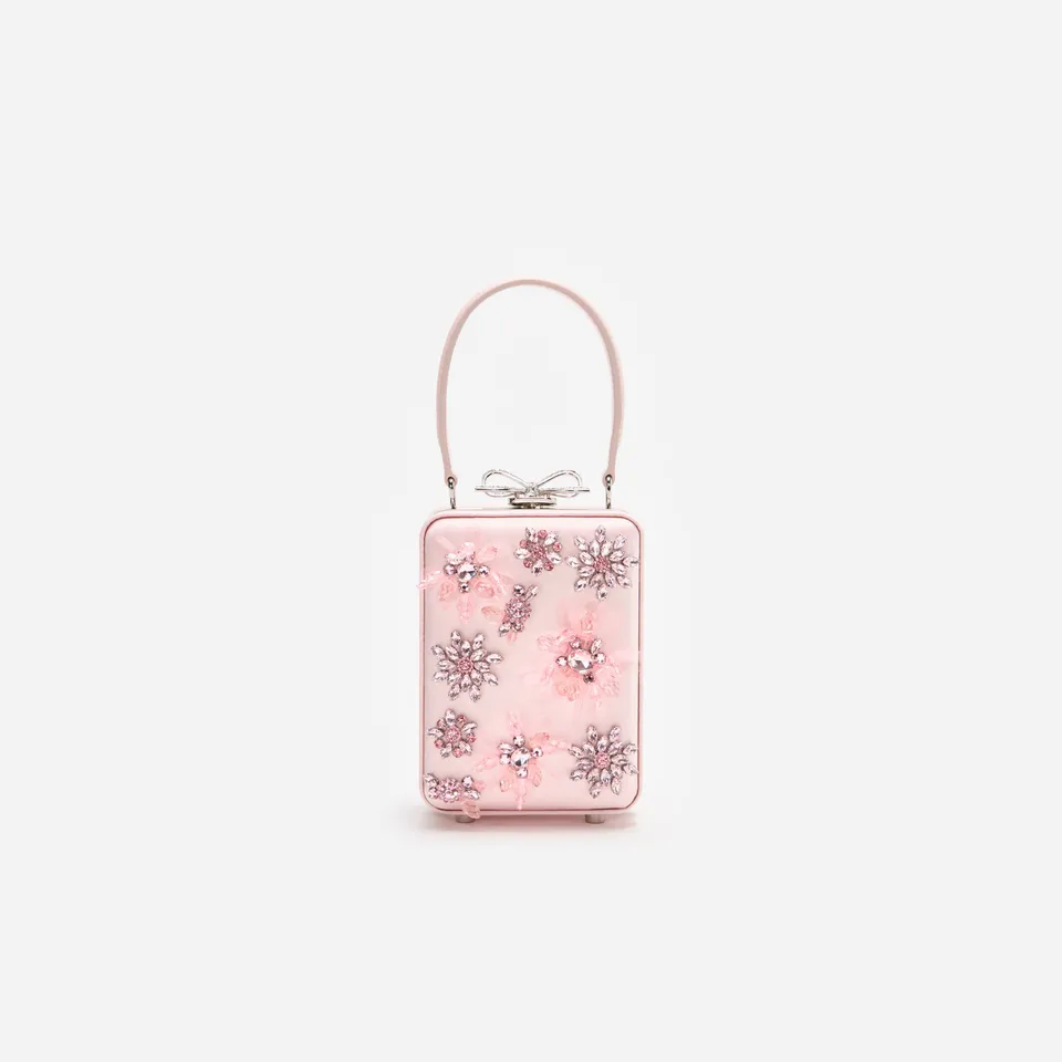 Self Portrait Pink Satin Floral Beaded Micro Handtasche Rosa