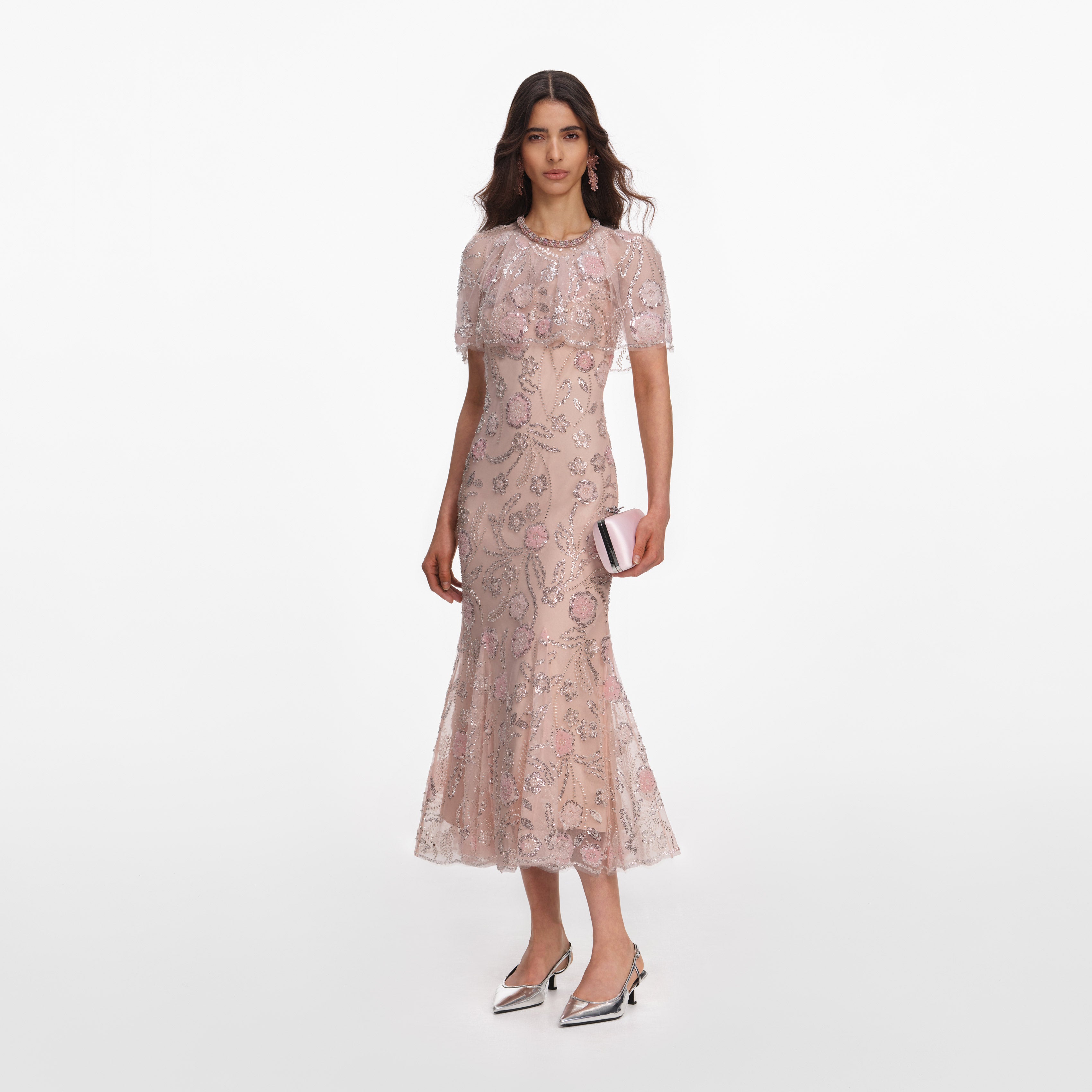 Self Portrait Pailletten Midikleid Rosa Cape Strass