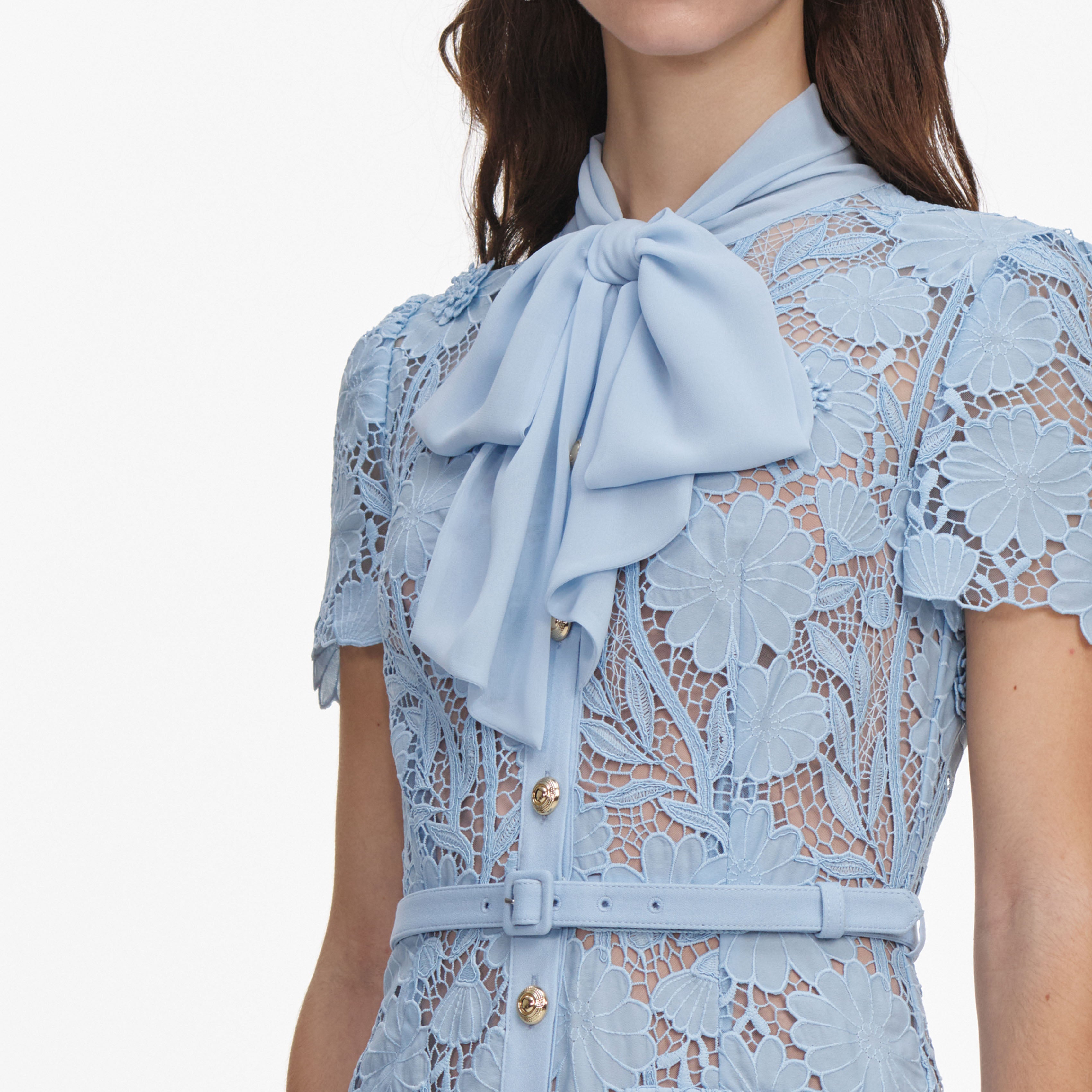 Self Portrait Blue Lace Tie Neck Midi Dress Kleid Hellblau UK 6
