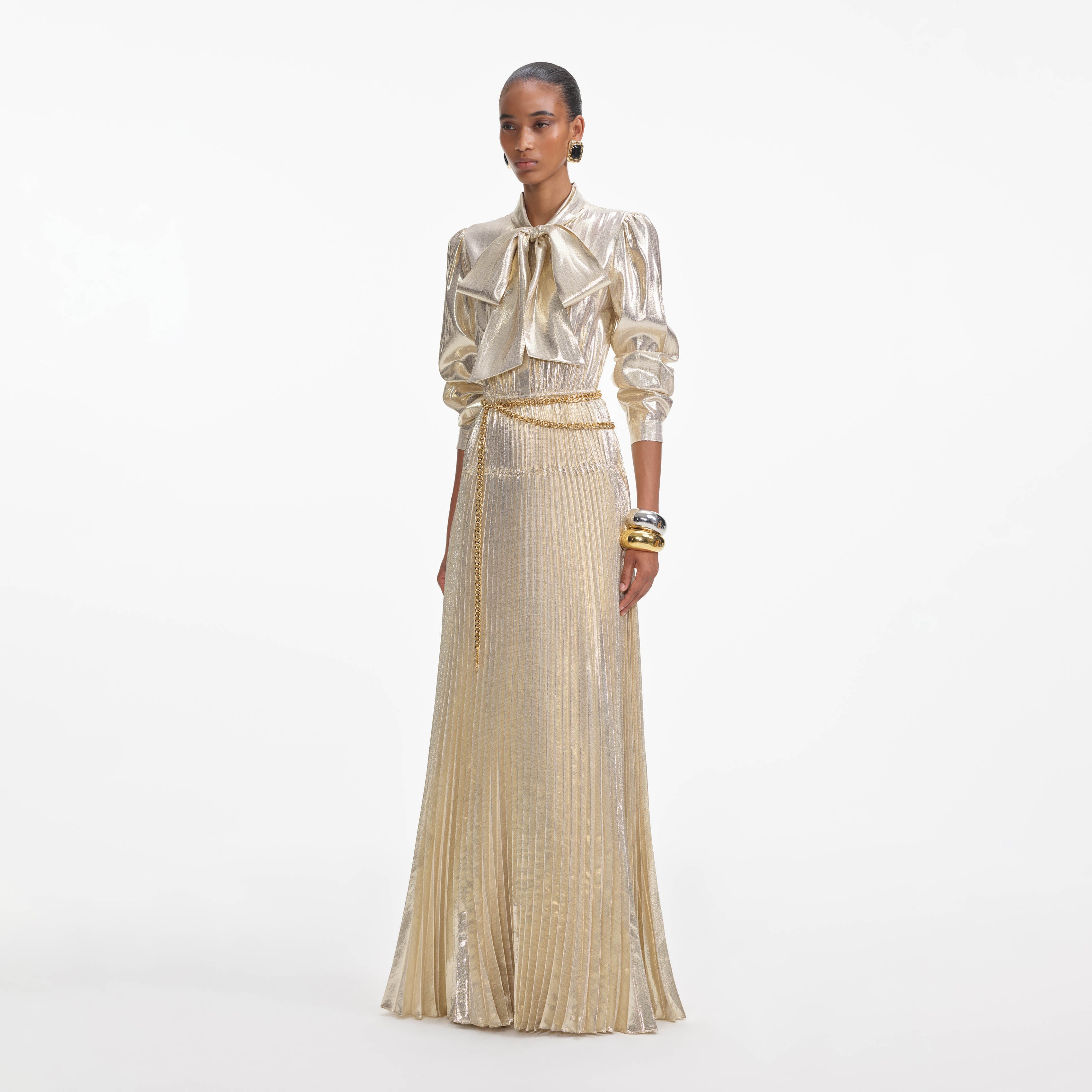 Self Portrait Gold Metallic Tie Neck Maxikleid Gold mit Gürtel