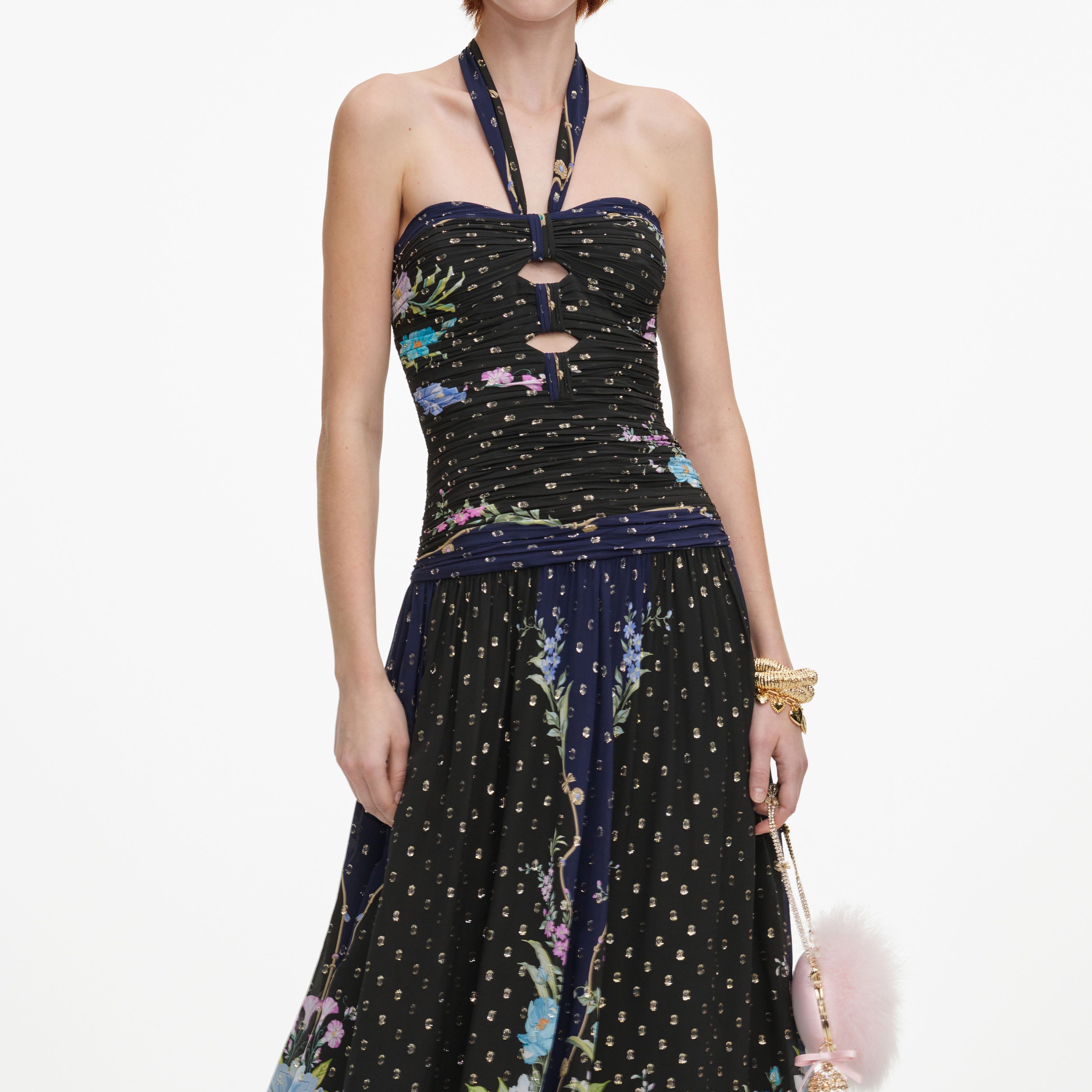 Self Portrait Navy Metallic Chiffon Midikleid Blau