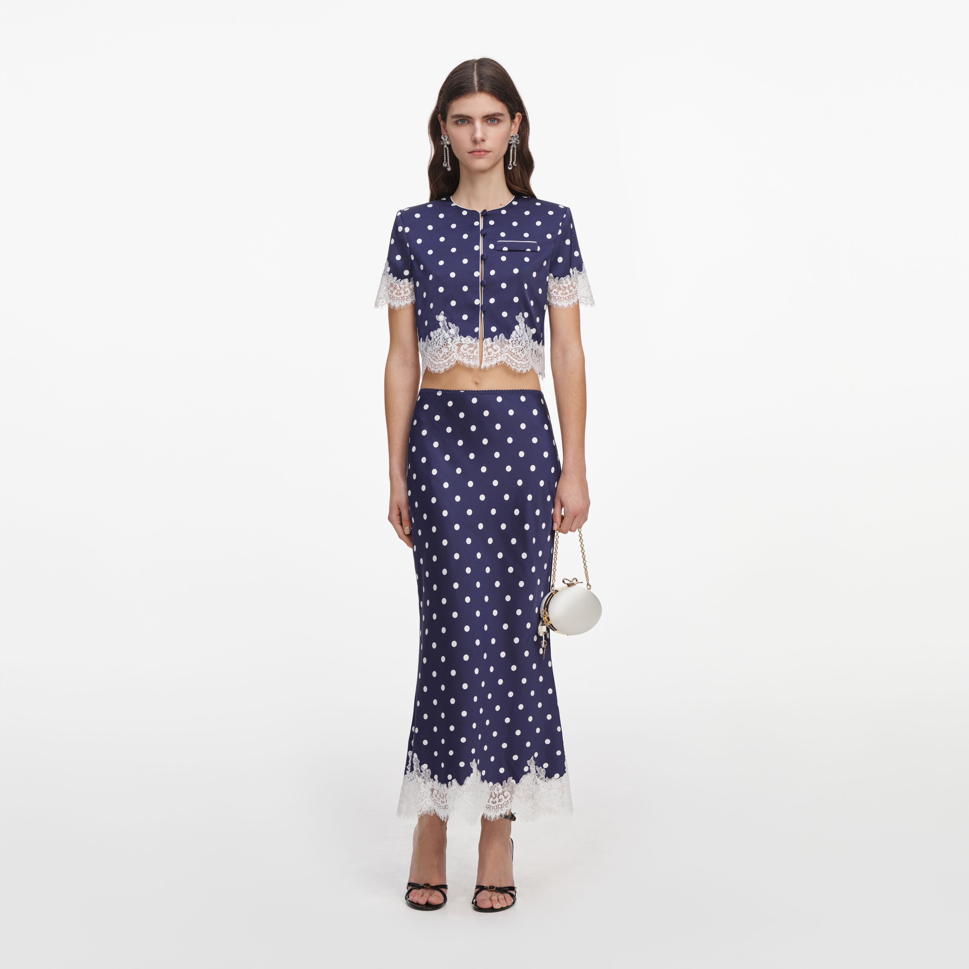 Self Portrait Navy Polka Dot Satin Midirock Navy