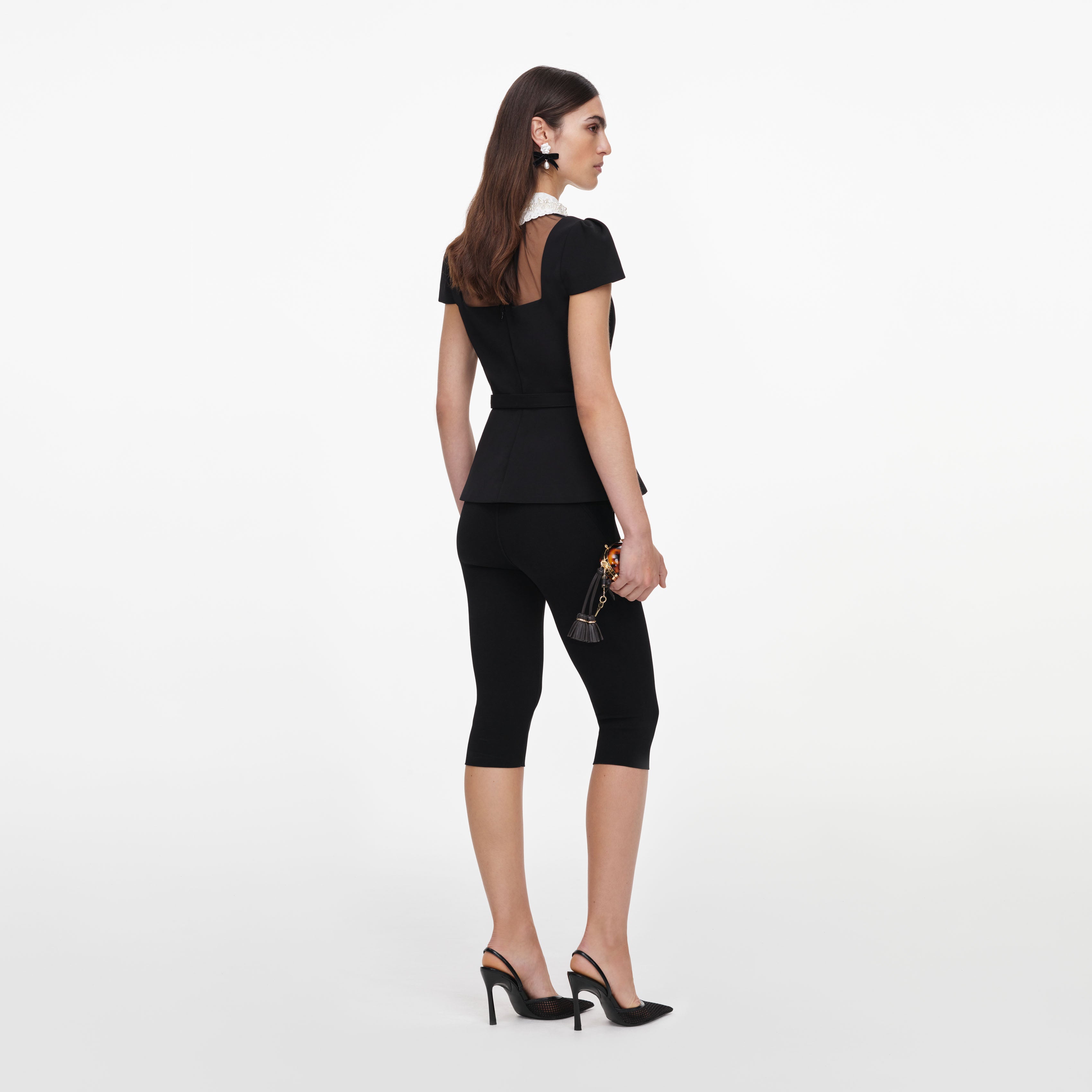 Self Portrait Tops Black Crepe Bow Collar Top Oberteil Schwarz
