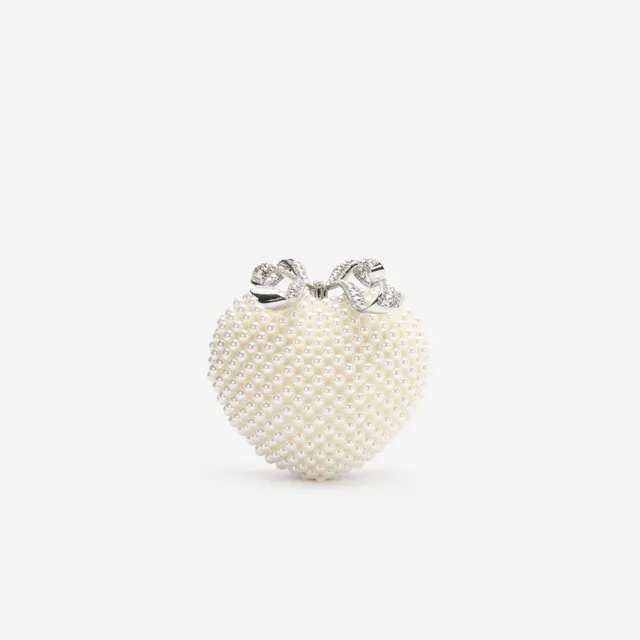 Self Portrait Pearl Heart Clutch Creme Perlen One Size