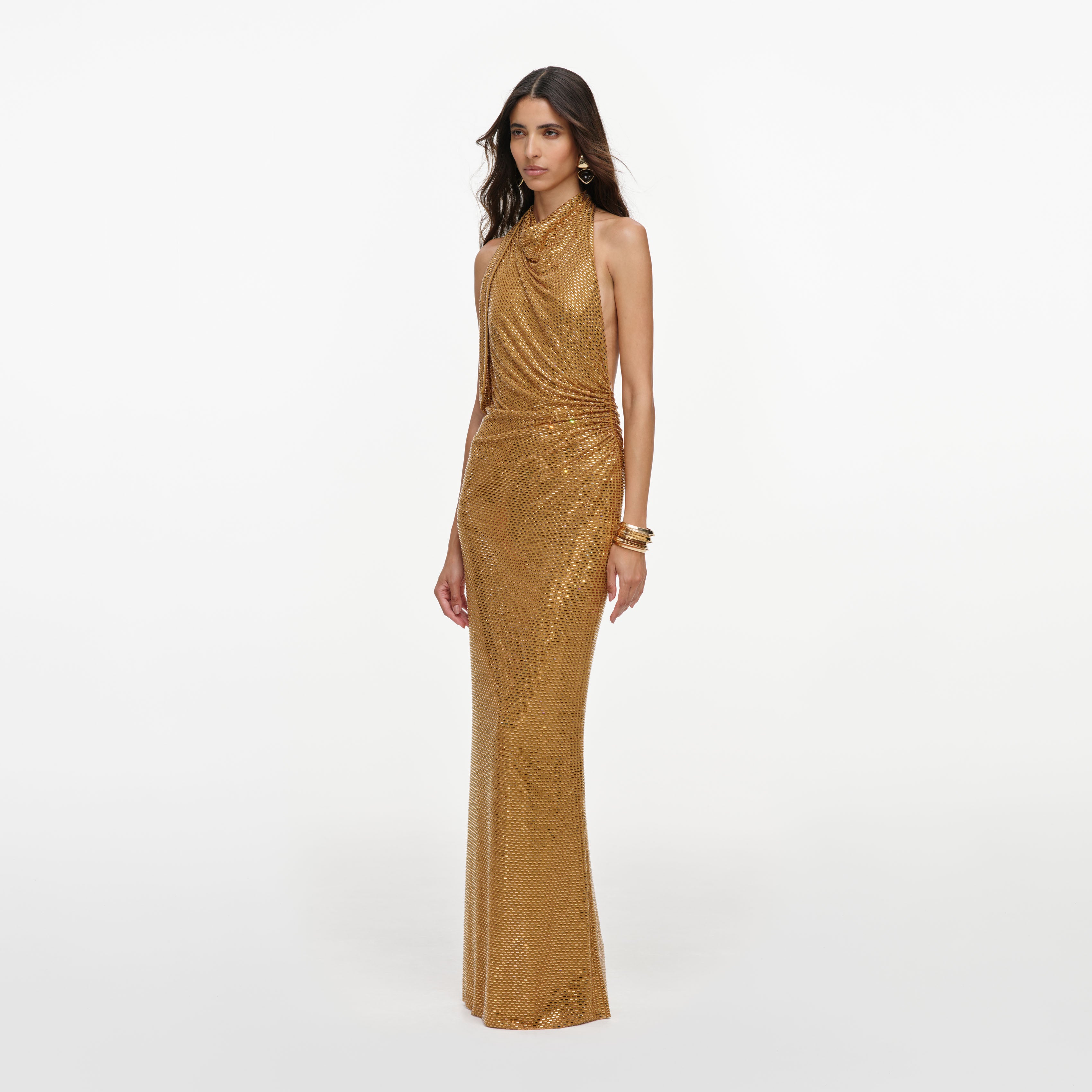 Self Portrait Gold Rhinestone Halter Maxikleid gold UK 6