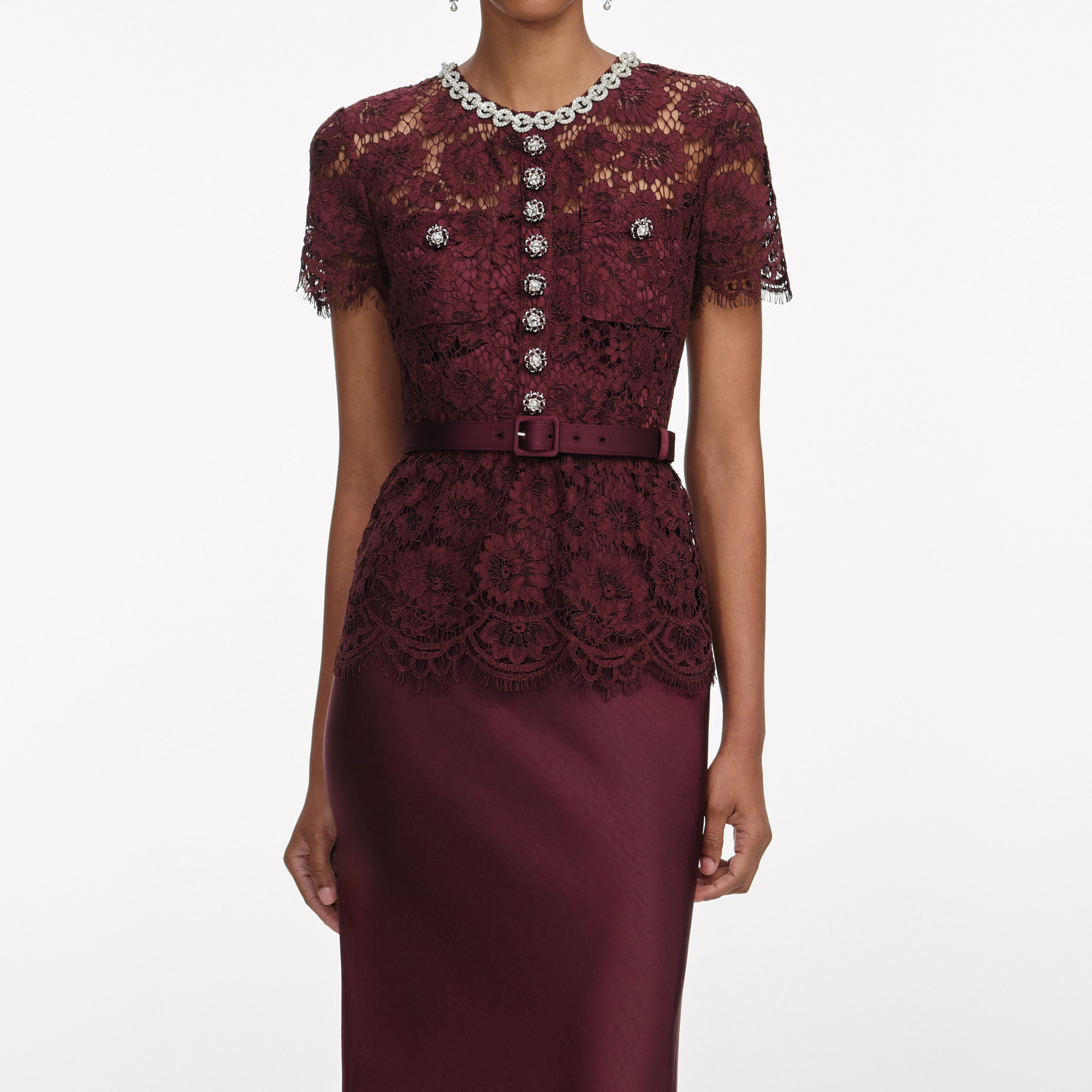 Self Portrait Burgundy Lace Satin Maxi Kleid Burgund UK 8