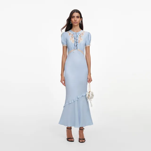 Self Portrait Blue Viscose Lace Midi Kleid Blau Spitze