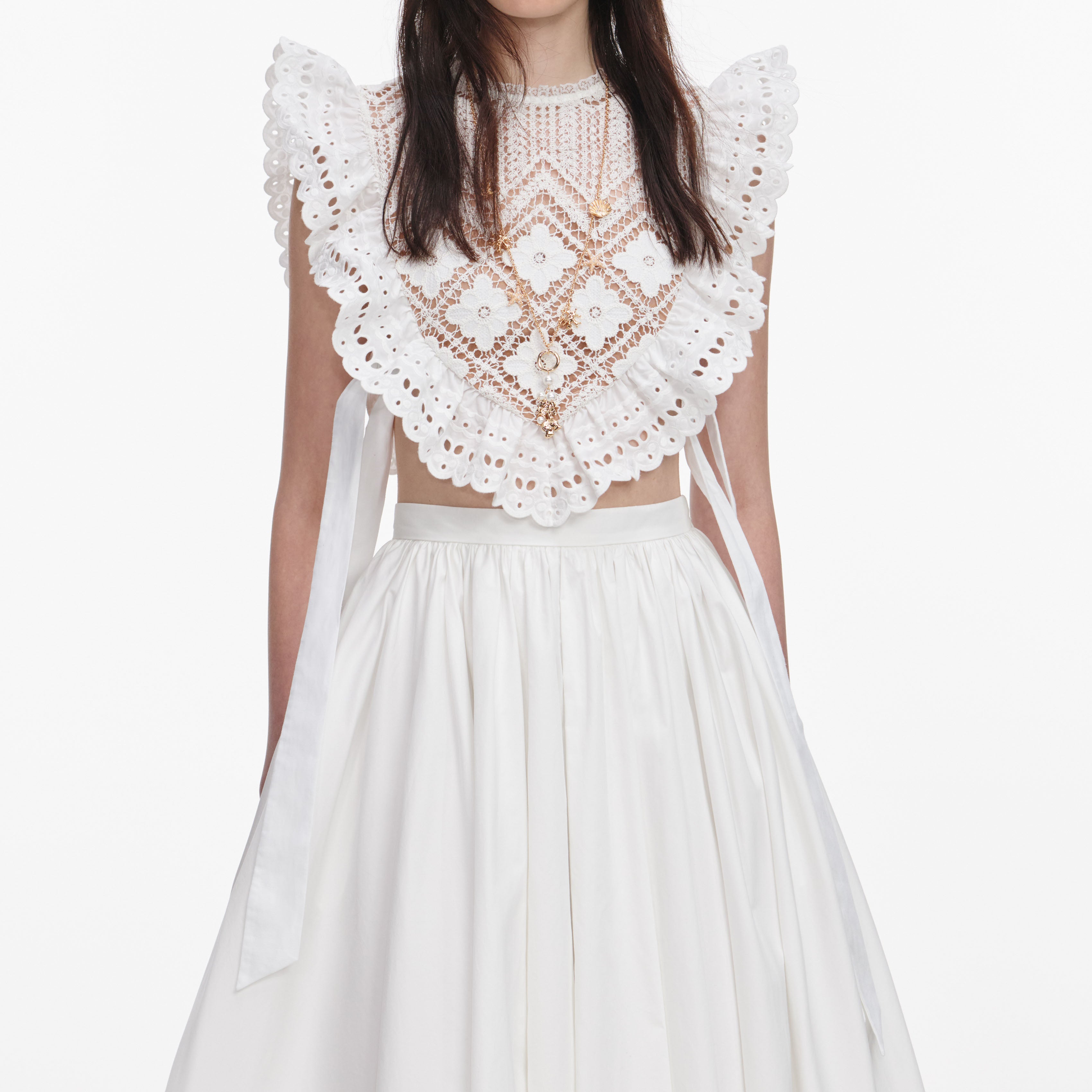 Self Portrait Tops White Crochet Lace Crop Top Weiß Rüschen