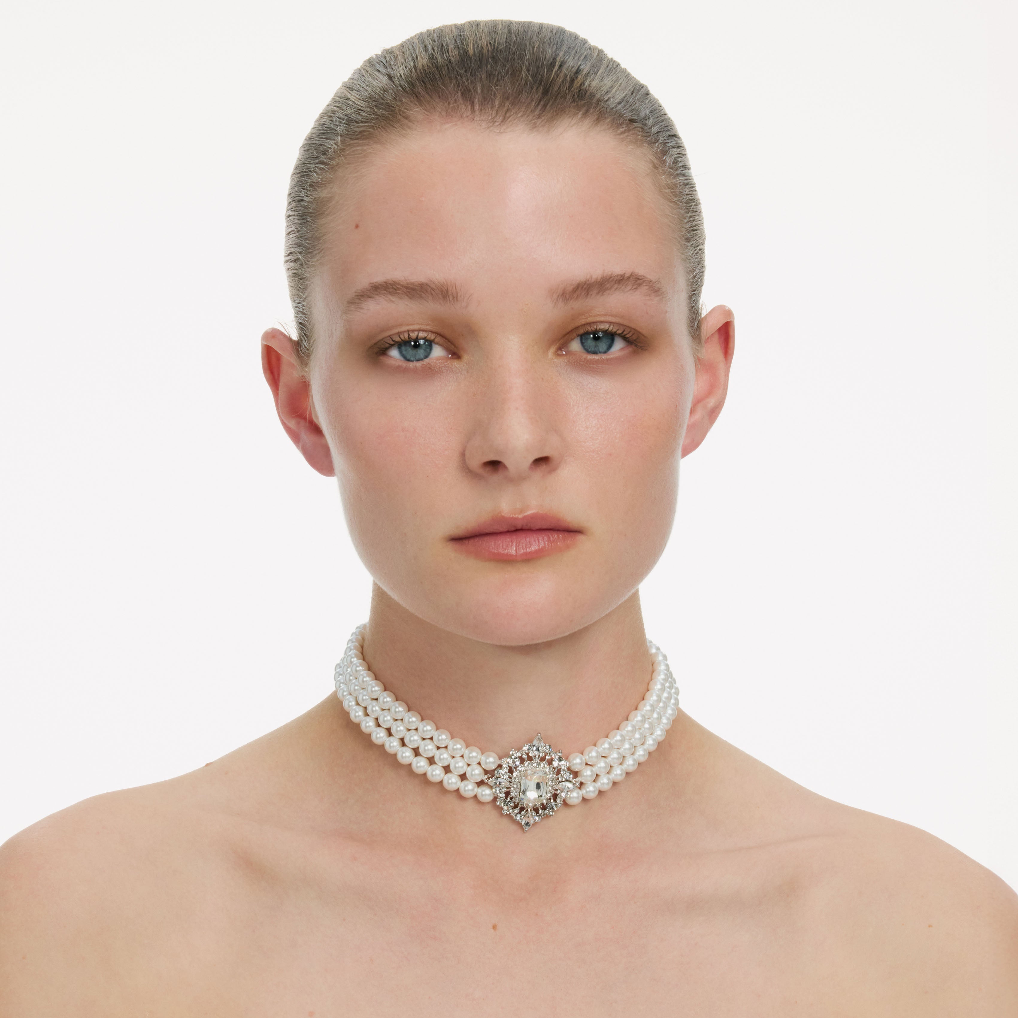 Self Portrait Crystal Pearl Choker Kette Creme