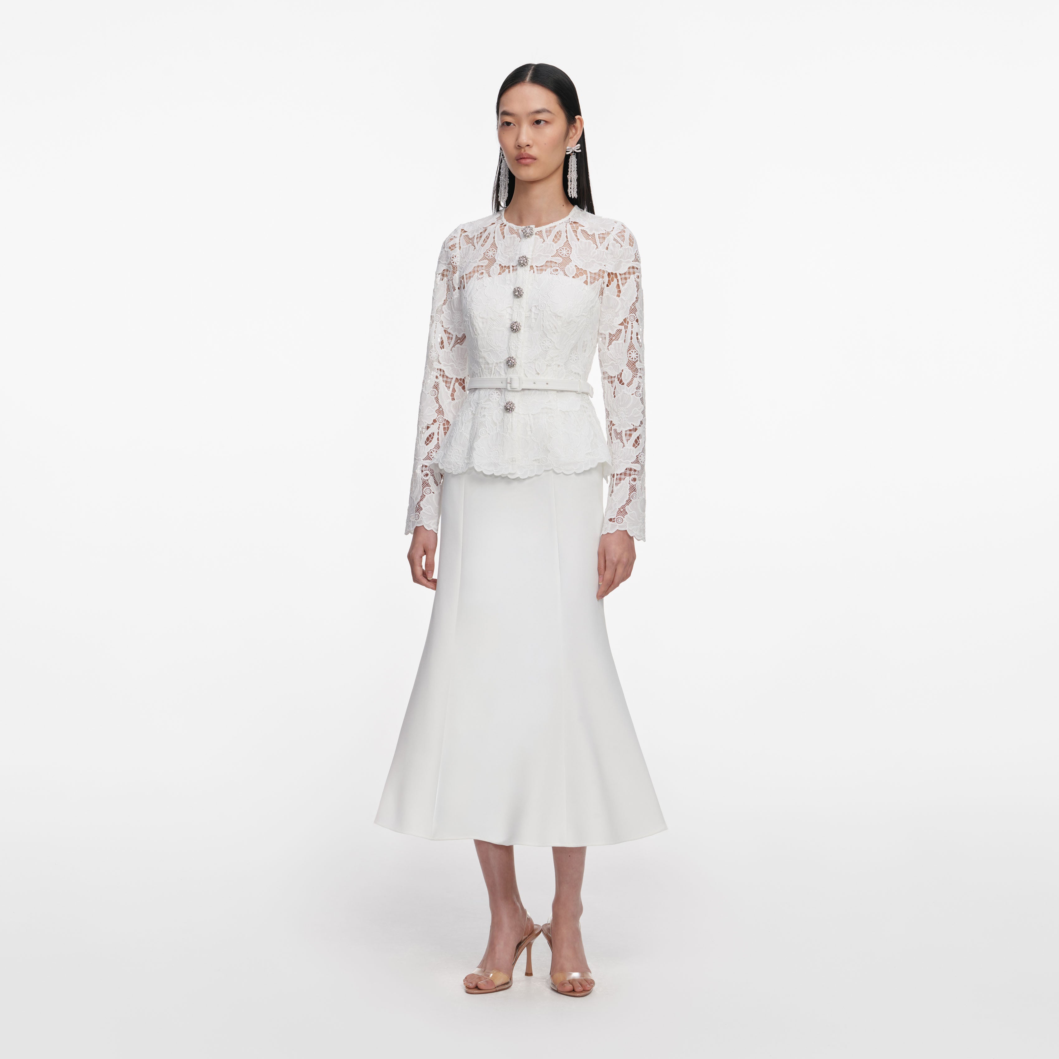 Self-Portrait Lace Crepe Midi Kleid weiss Spitze