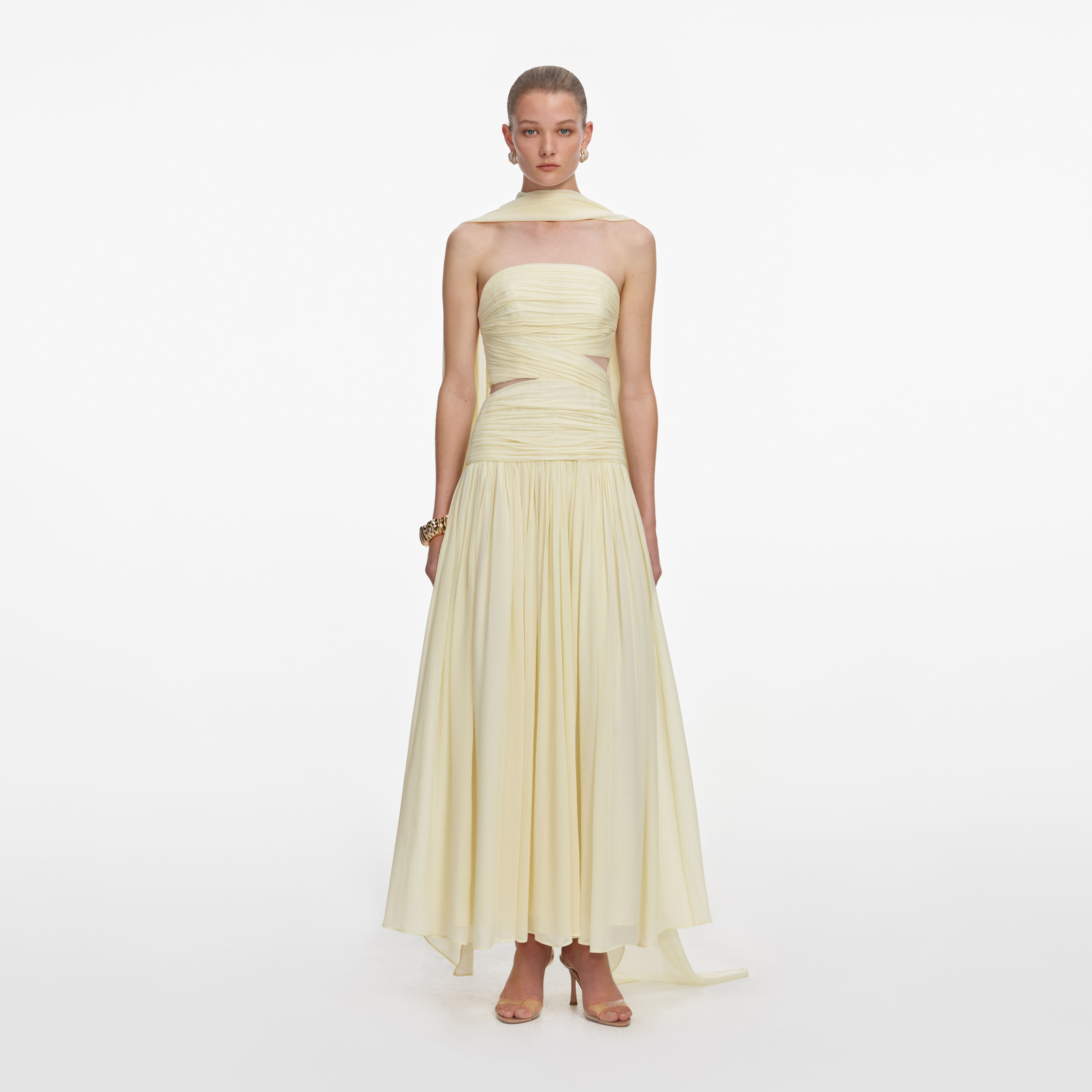 Self Portrait Yellow Georgette Scarf Midi Kleid Gelb
