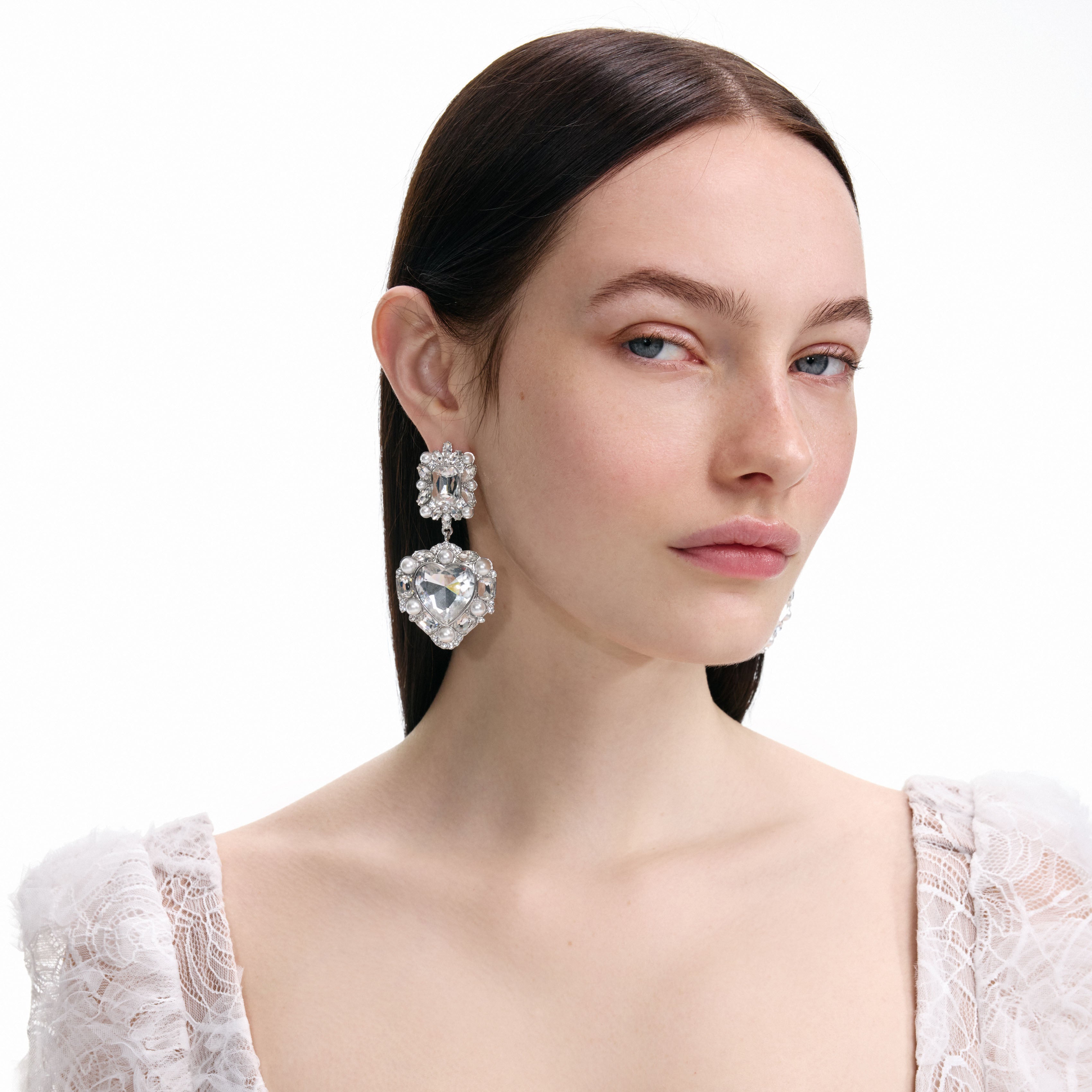 Self Portrait Crystal Pearl Tiered Heart Earrings Ohrringe Silber