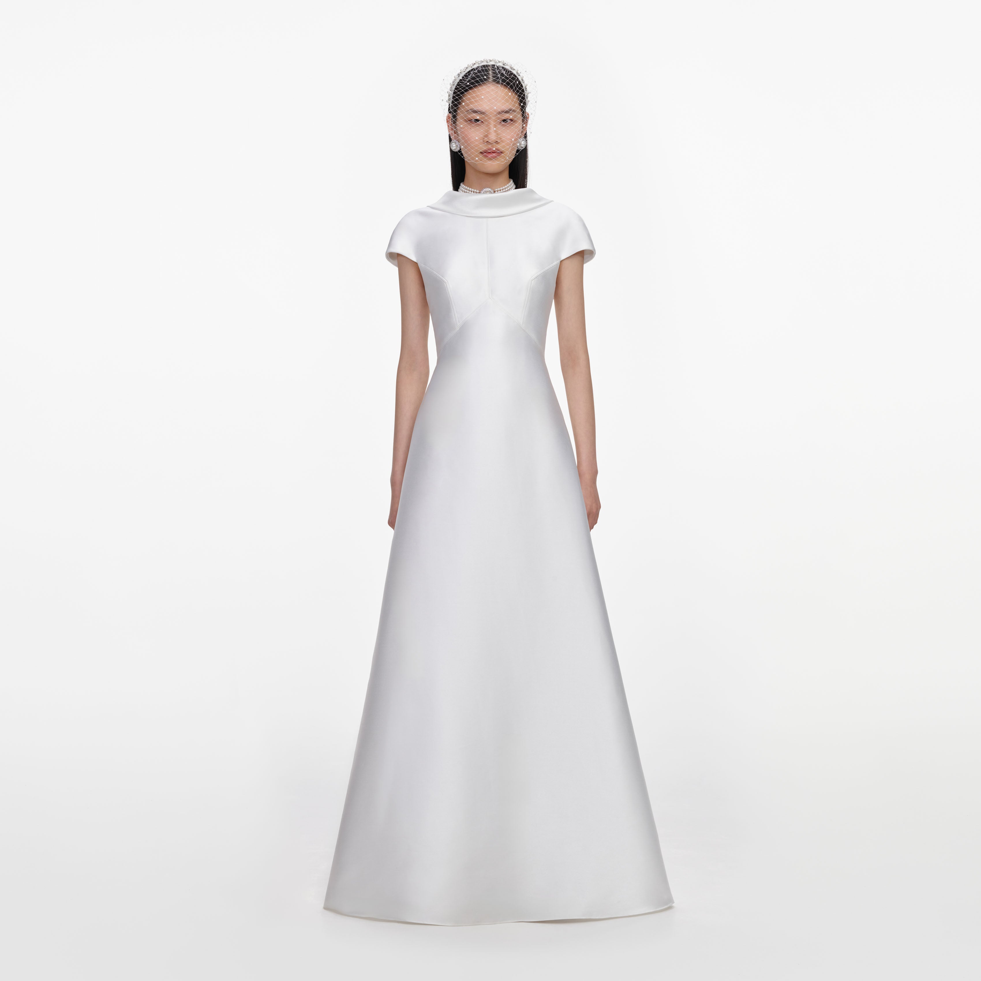 Self-Portrait White Taffeta Collared Maxi Dress Kleid Weiß UK 8